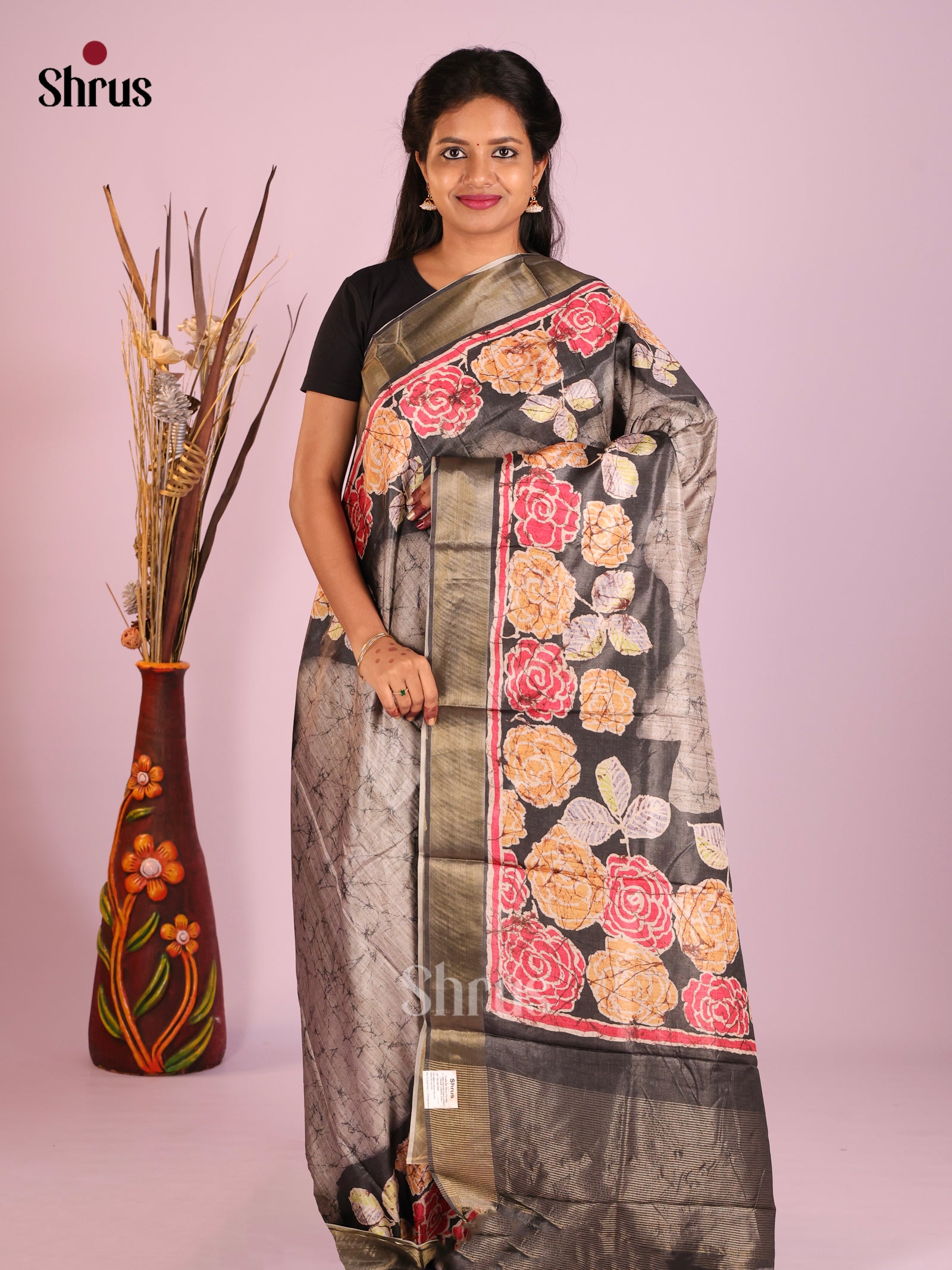 Grey & Black - Butter silk Saree