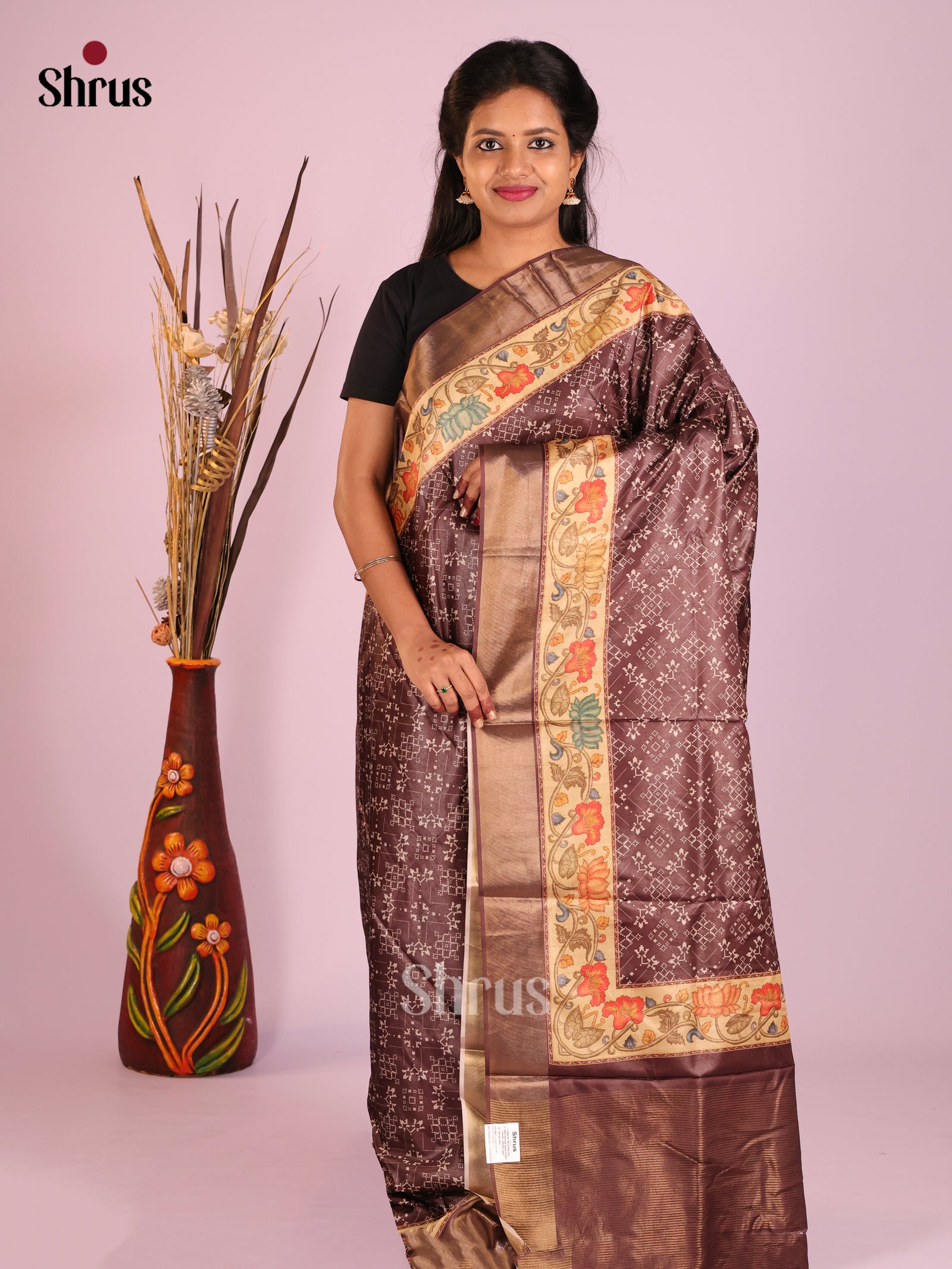 Brown & Cream- Butter silk Saree