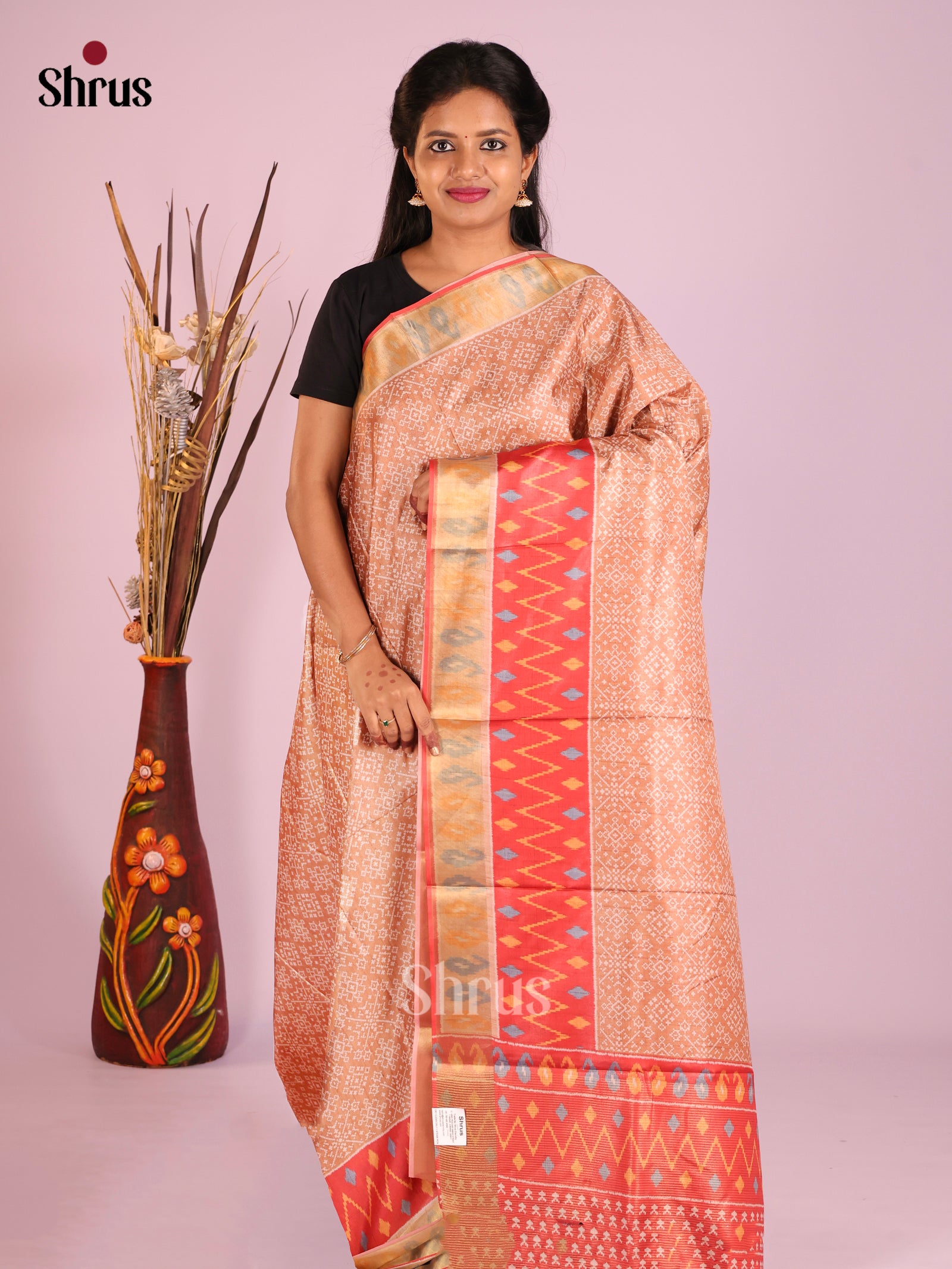 Dusty Brown & Orangish Pink - Butter silk Saree