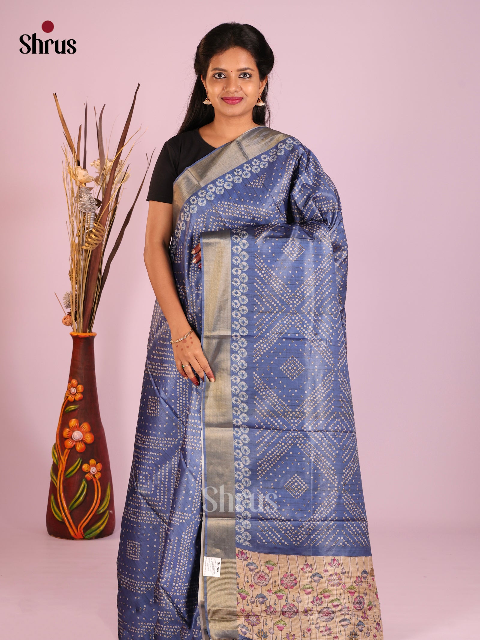 Blue & Beige - Butter silk Saree