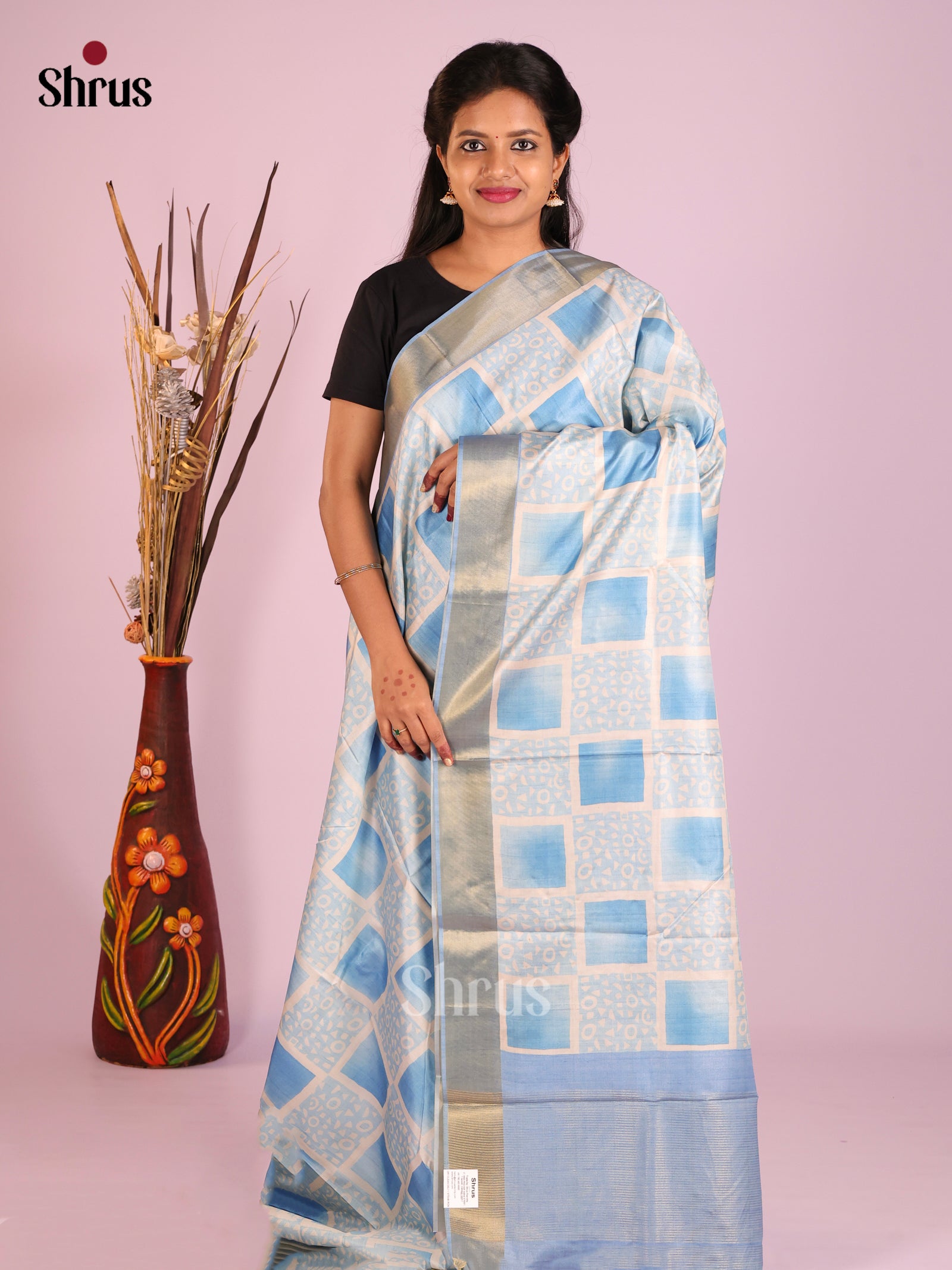 Cream & Blue- Butter silk Saree