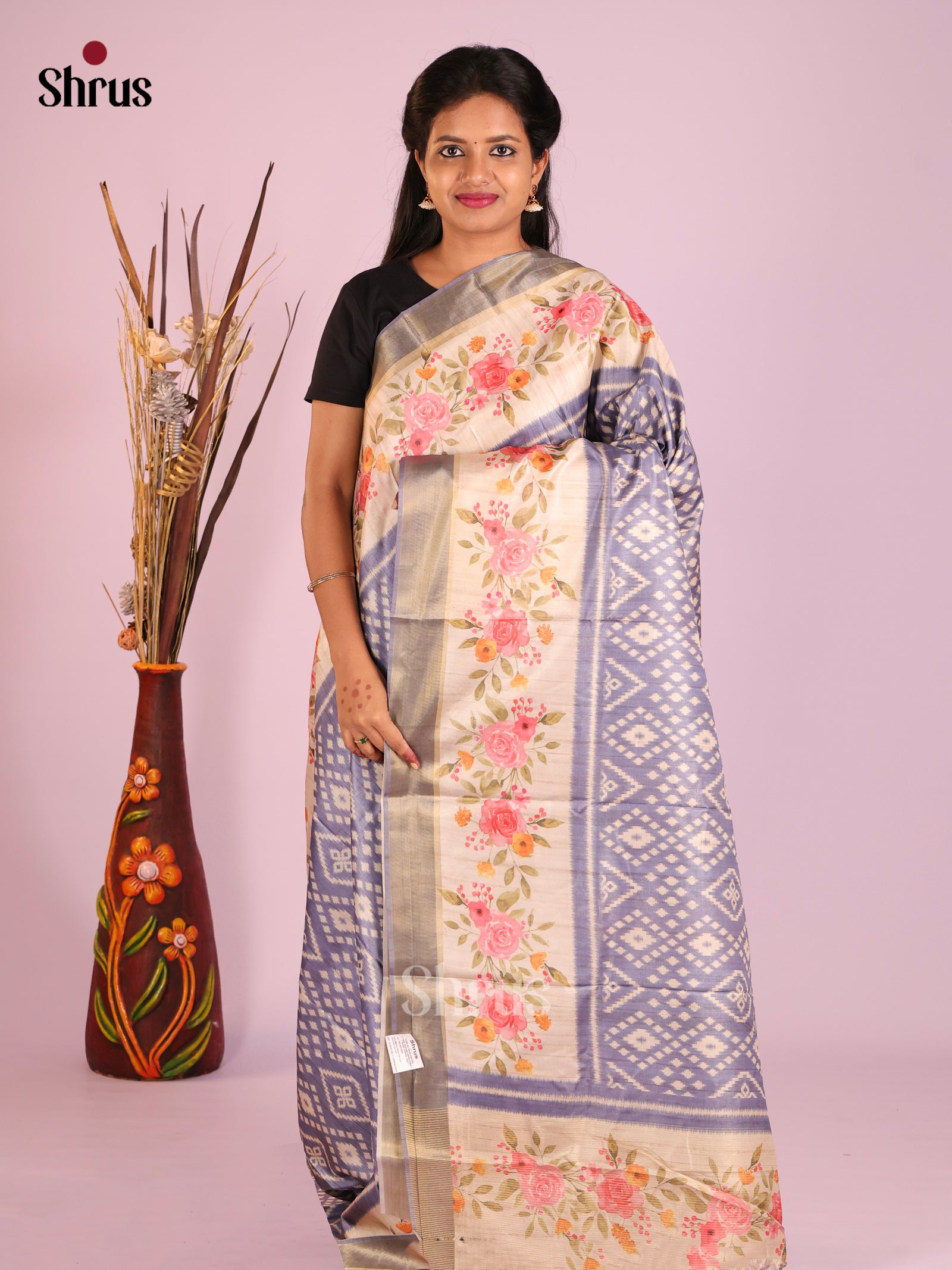 Light Blue & Cream - Butter silk Saree