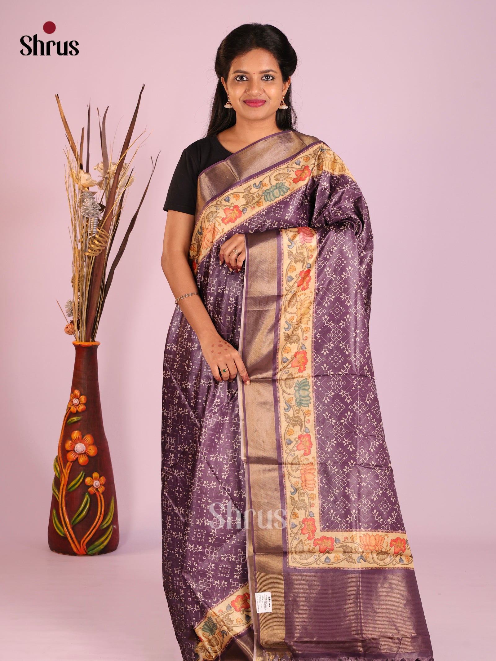 Dark Lavender & Cream - Butter silk Saree