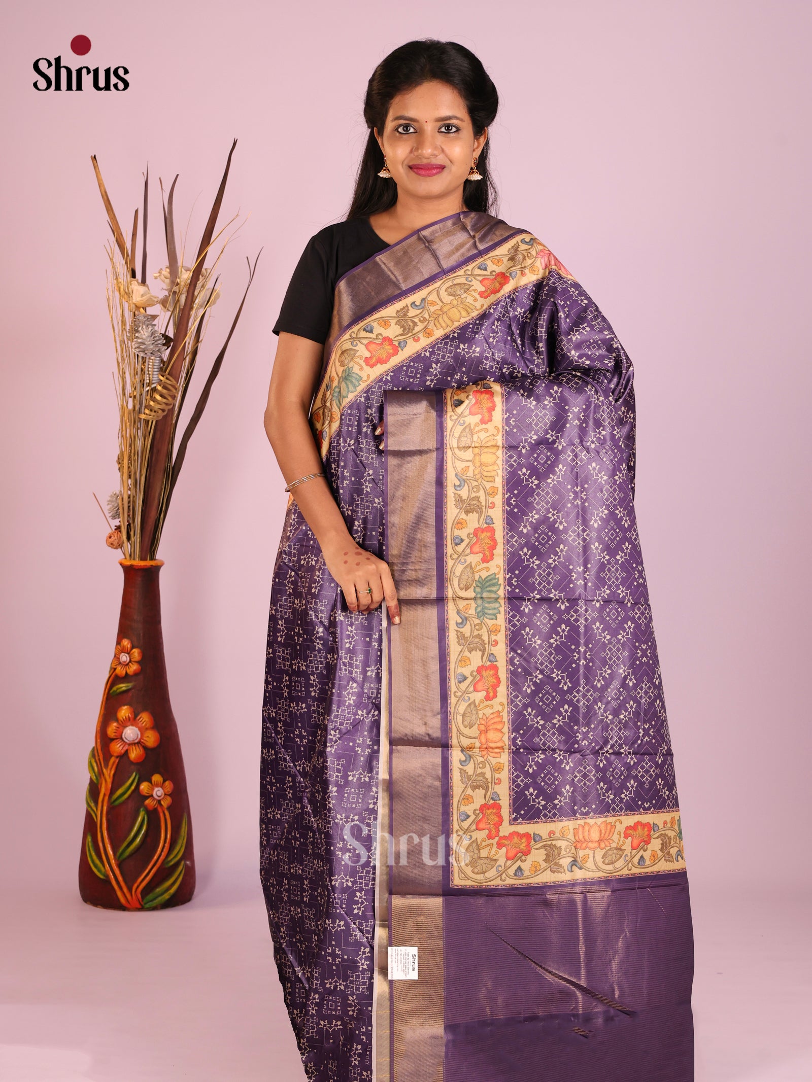 Violet & Cream - Butter silk Saree