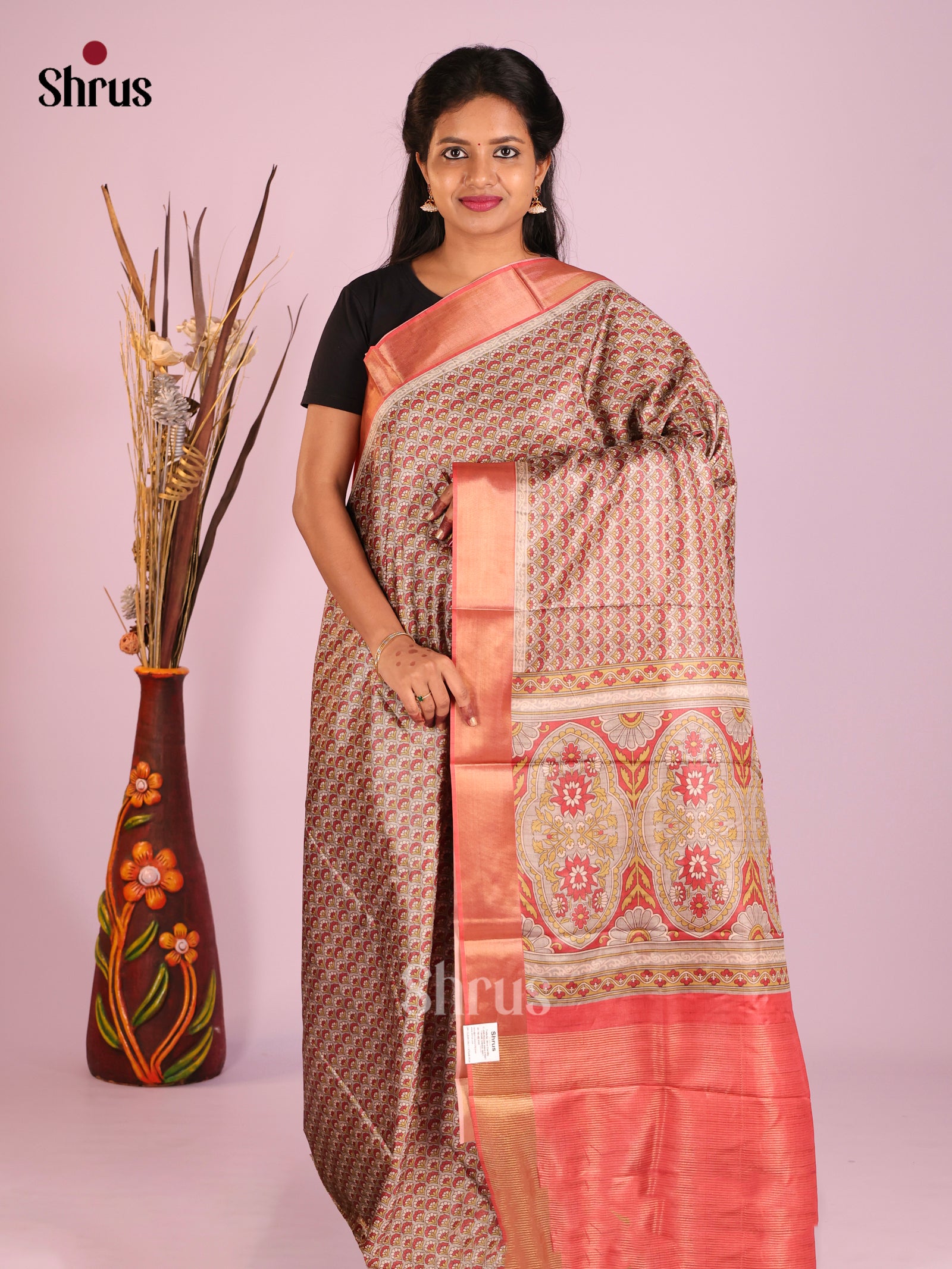 Grey & Orangish Pink - Butter silk Saree