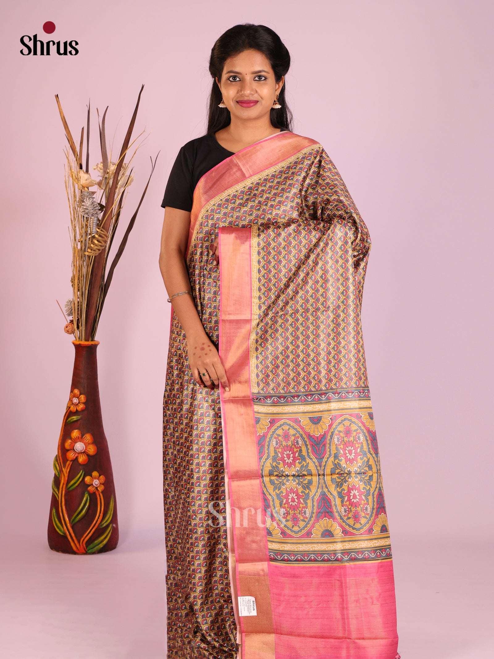 Beige & Pink - Butter silk Saree