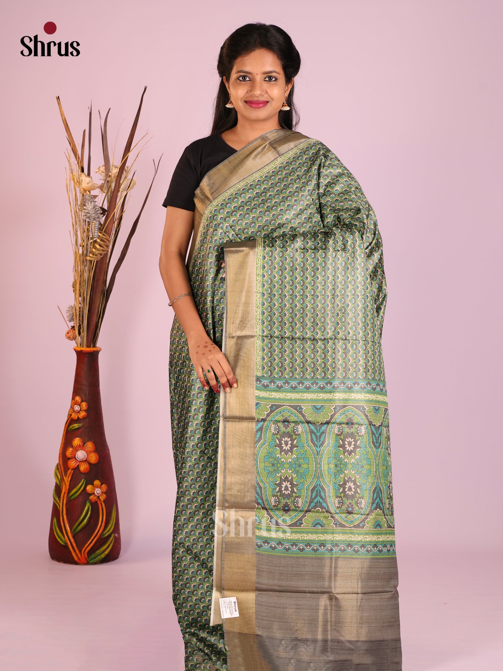 Green & Grey- Butter silk Saree