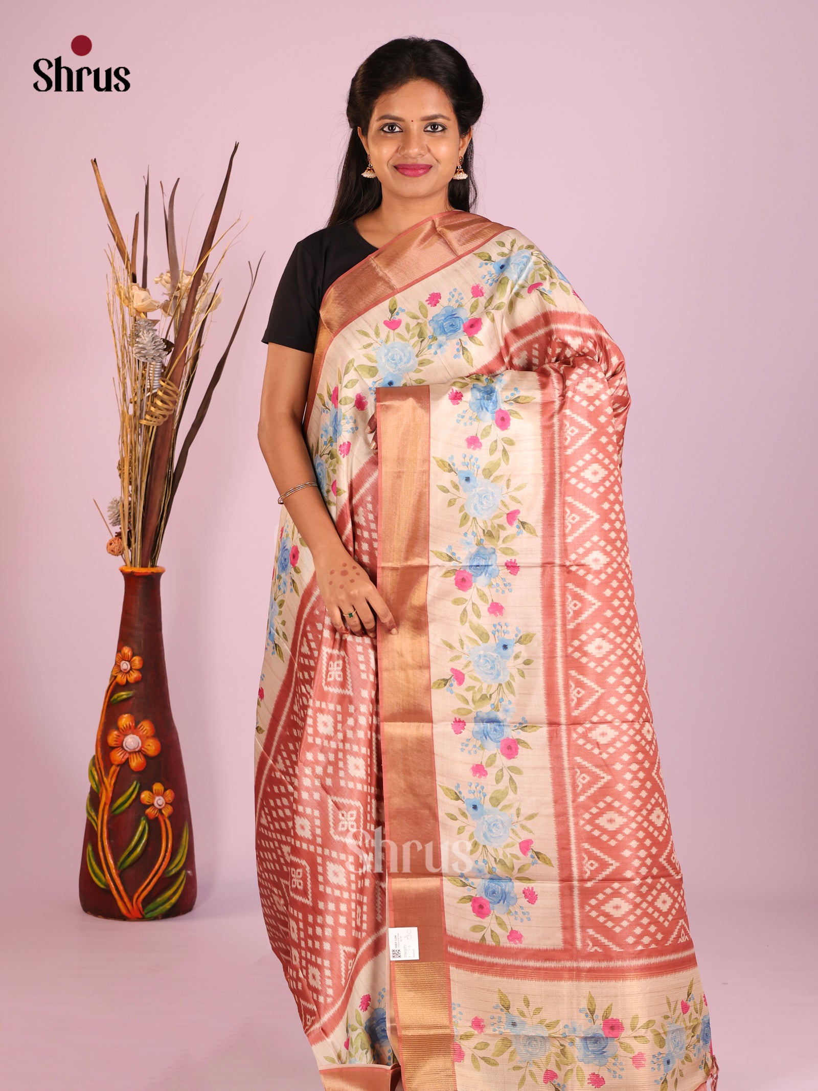 Dusty Brown & Cream - Butter silk Saree