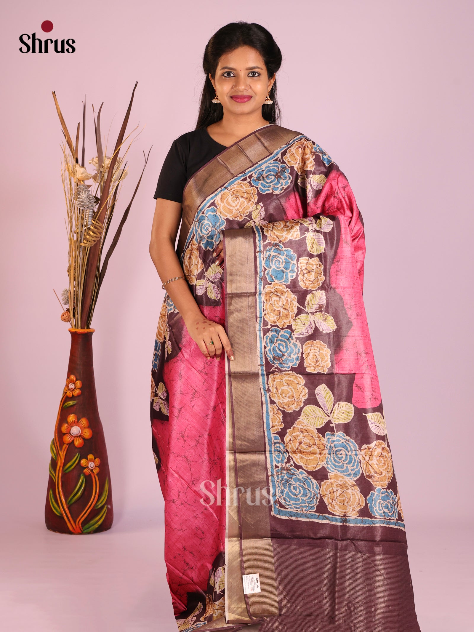 Pink & Brown - Butter silk Saree