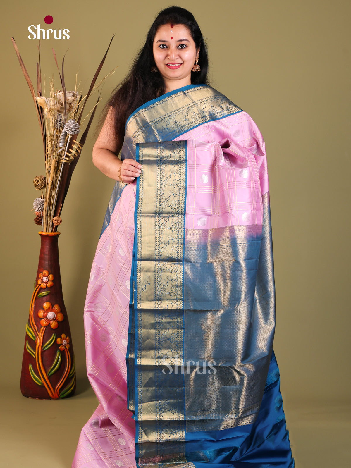 Pink and Blue Kanchipuram Korvai Checks Saree