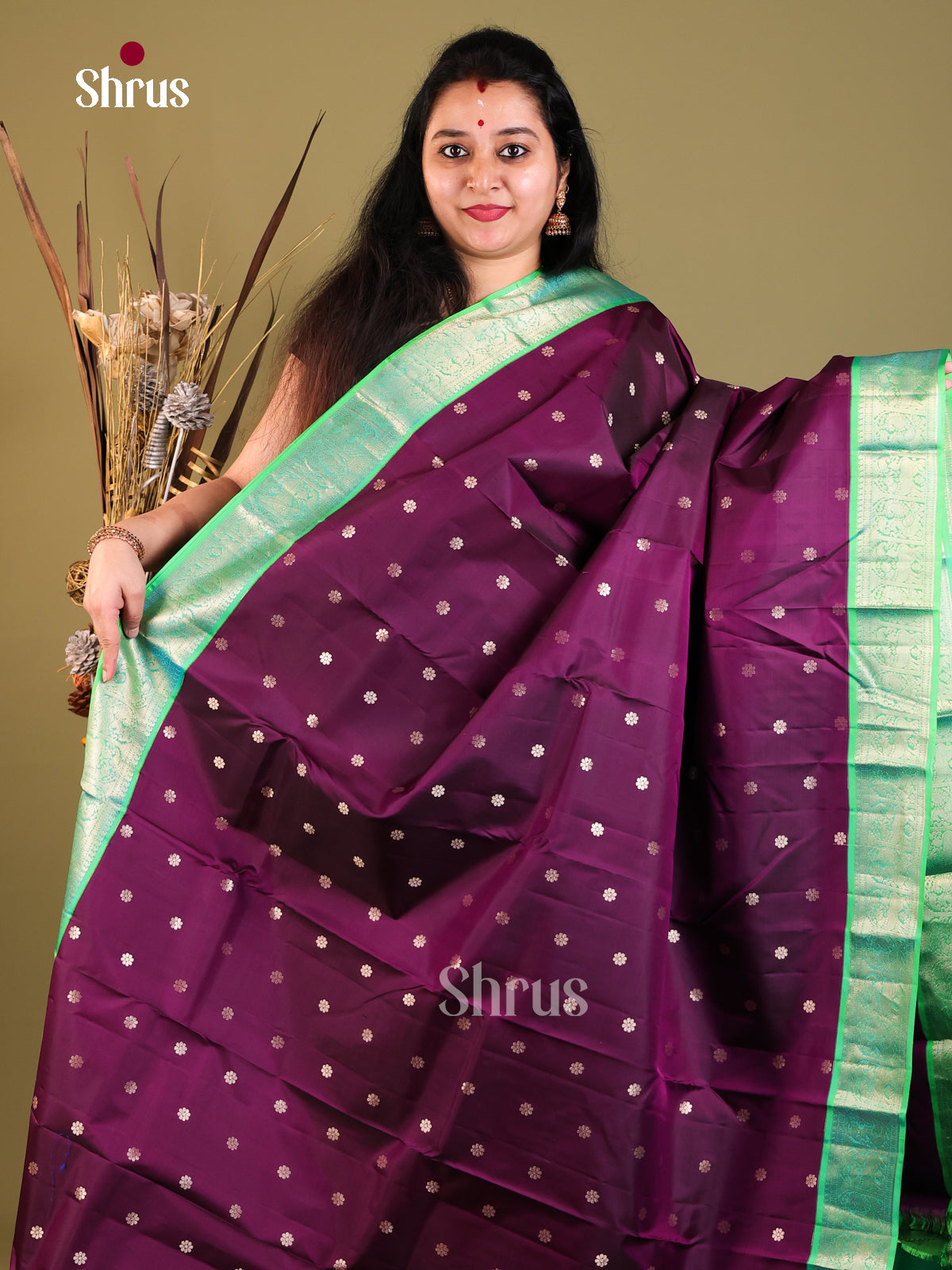 Purple and green Kanchipuram Butta design Saree -1