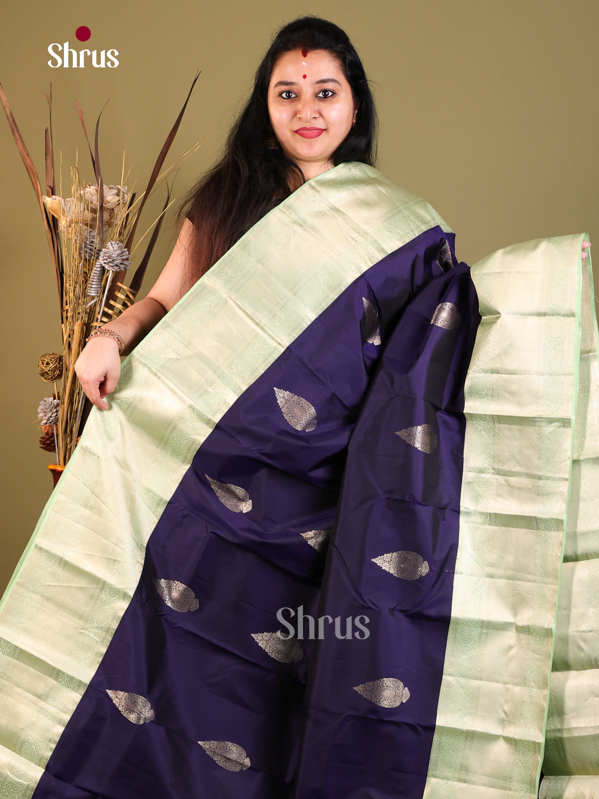 blue light green Kanchipuram Butta design Saree
