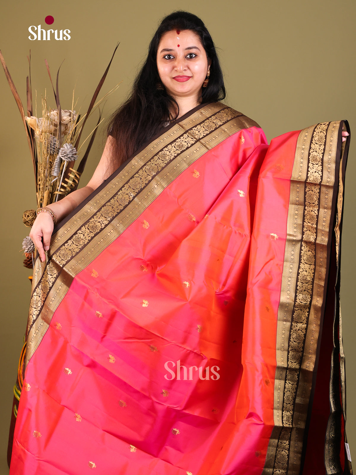 pink brown Kanchipuram Butta design Saree -1