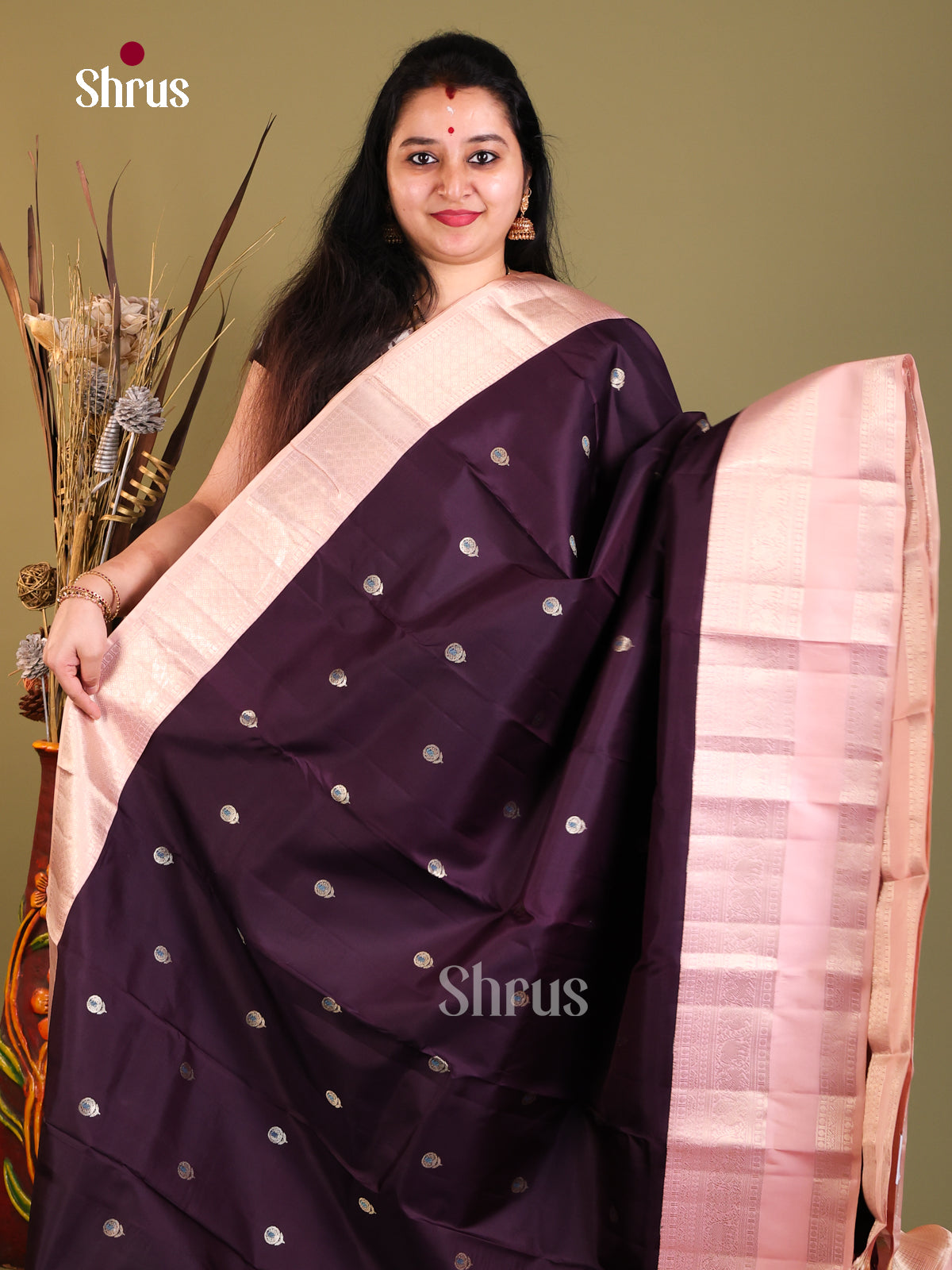 purple and baby pink Kanchipuram Korvai Butta Saree -1