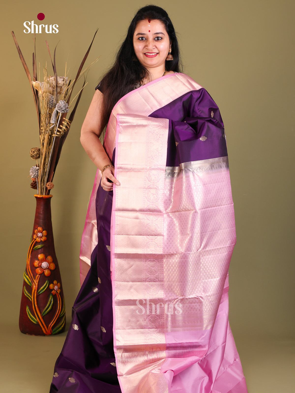violet and pink Kanchipuram Korvai Butta Saree