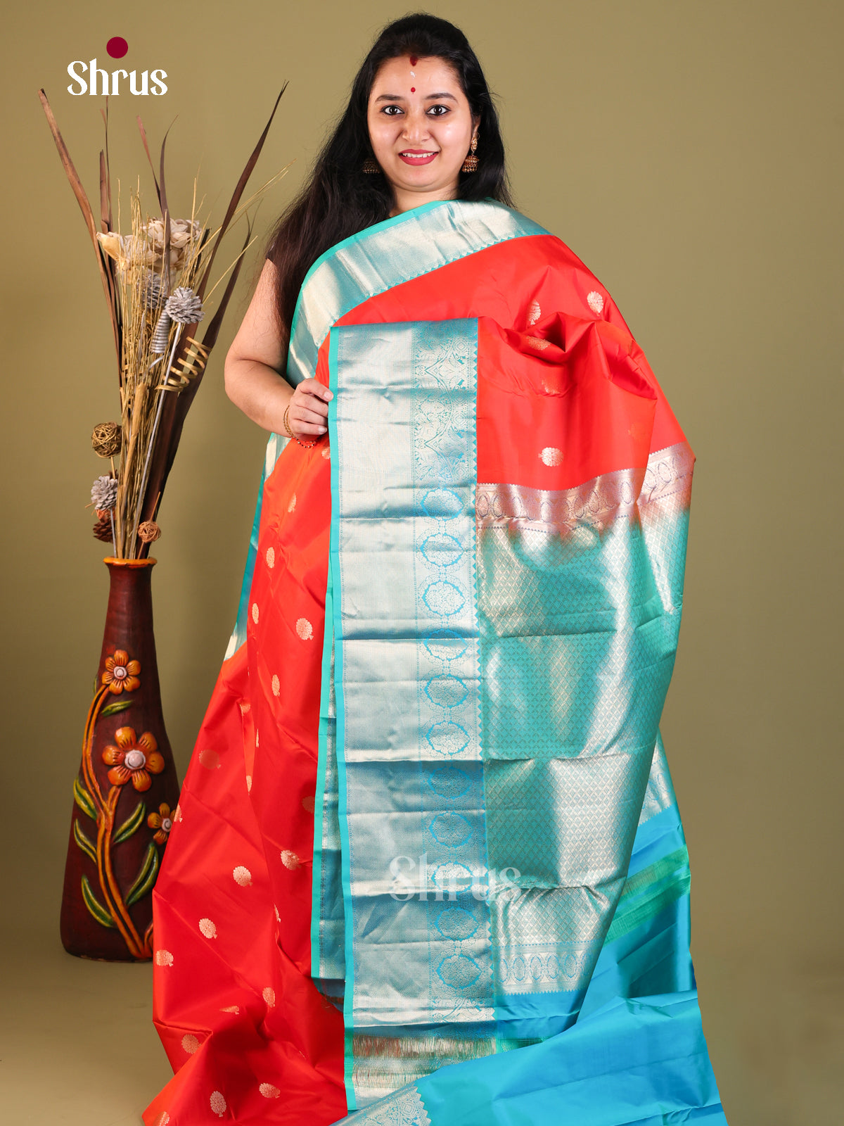 orange blue Kanchipuram Korvai Butta Saree