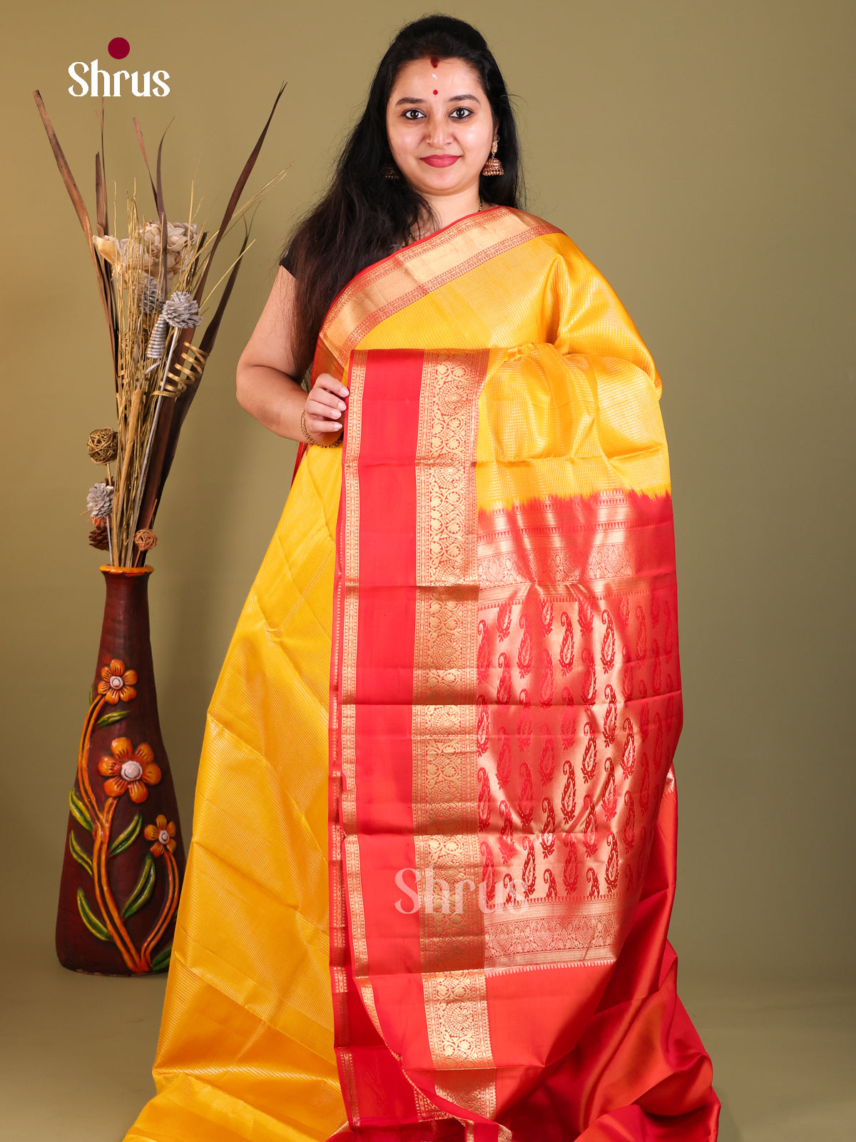 yellow and red Kanchipuram Rettapet Saree