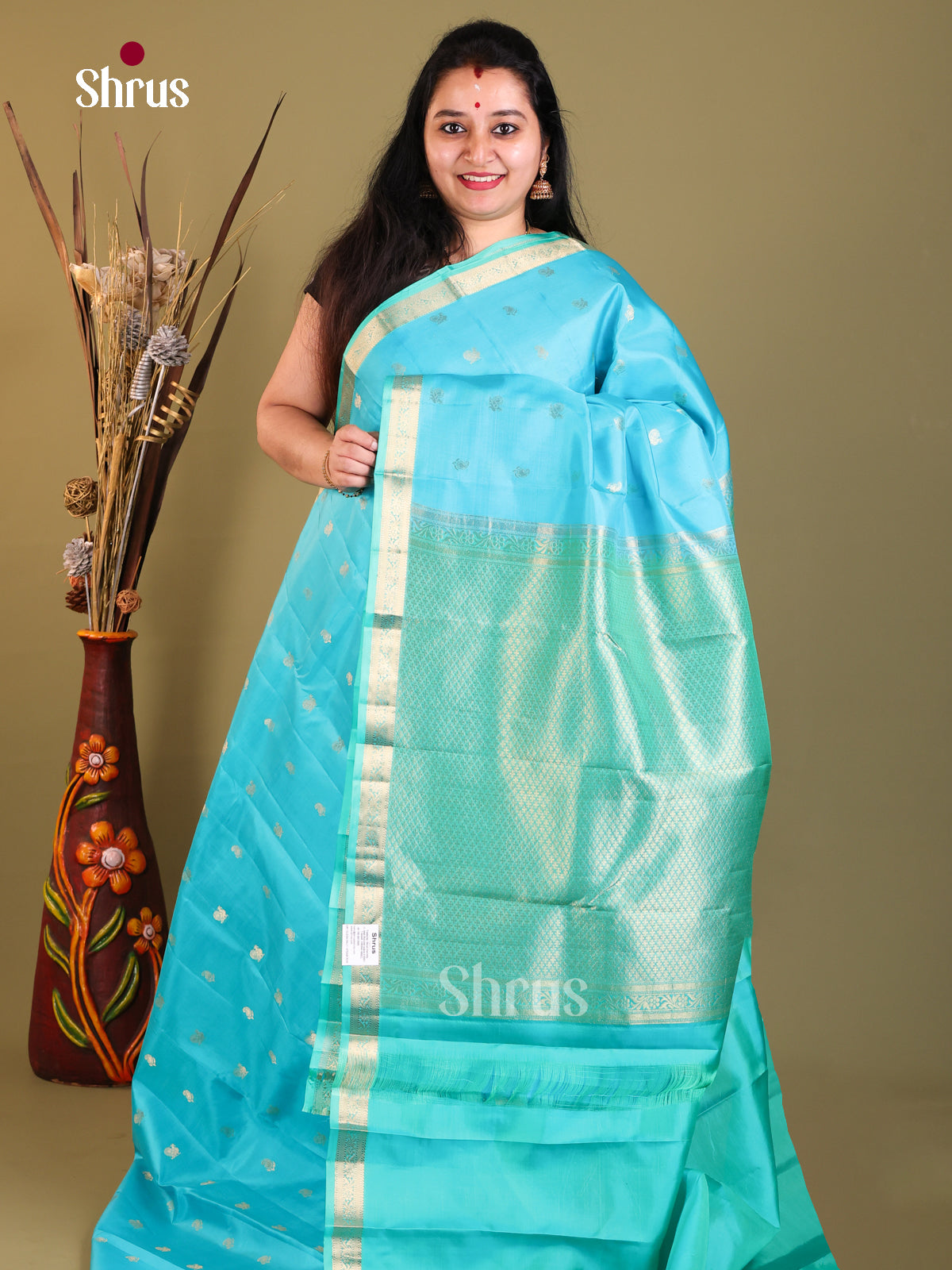 ice blue Kanchipuram Butta design Saree