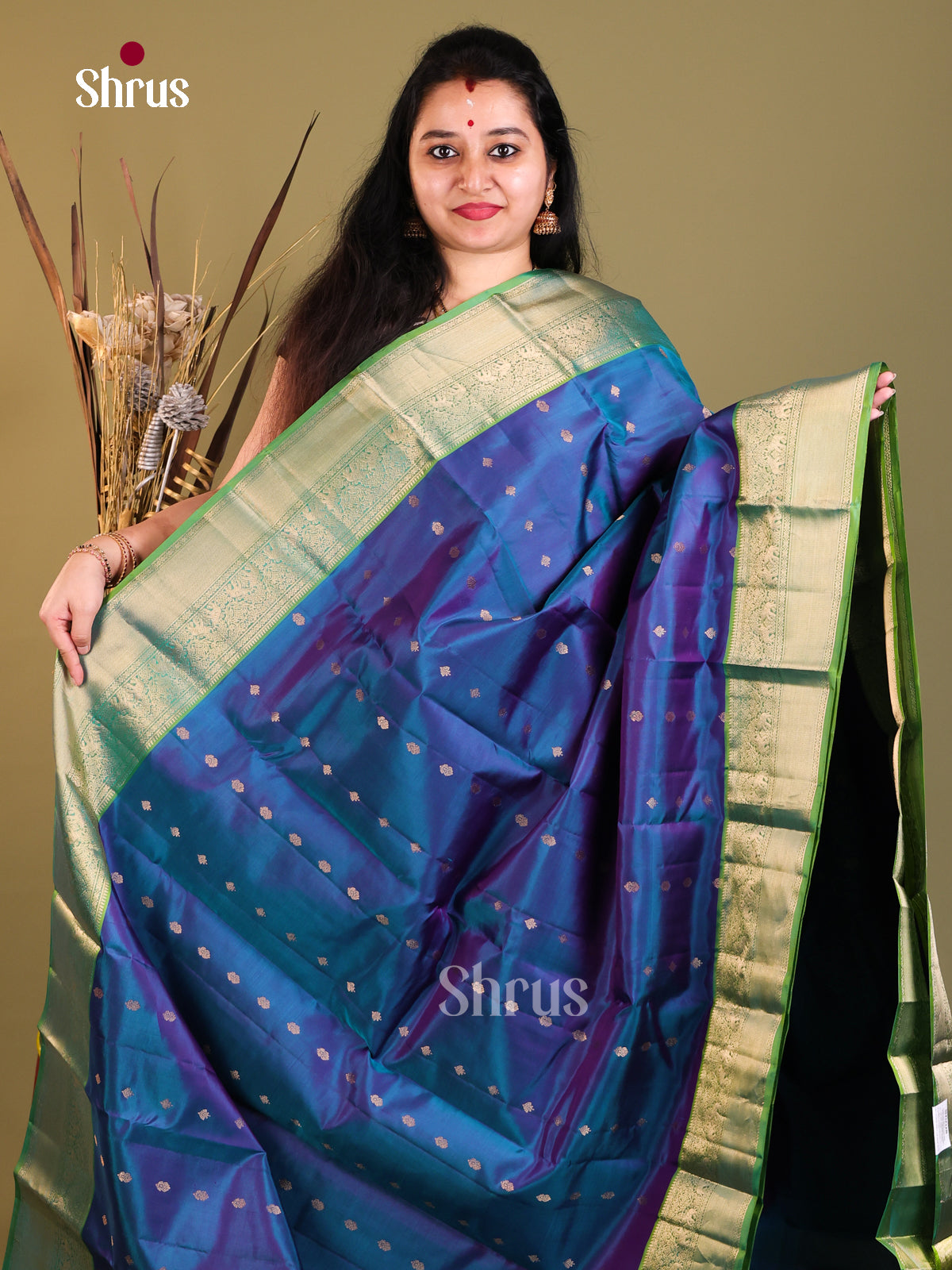 blue and green Kanchipuram Butta design Saree -1