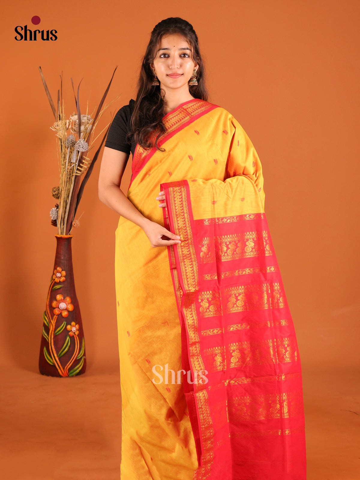 Yellow & Red - Kalyani Cotton Saree - Shop on Shrus.com