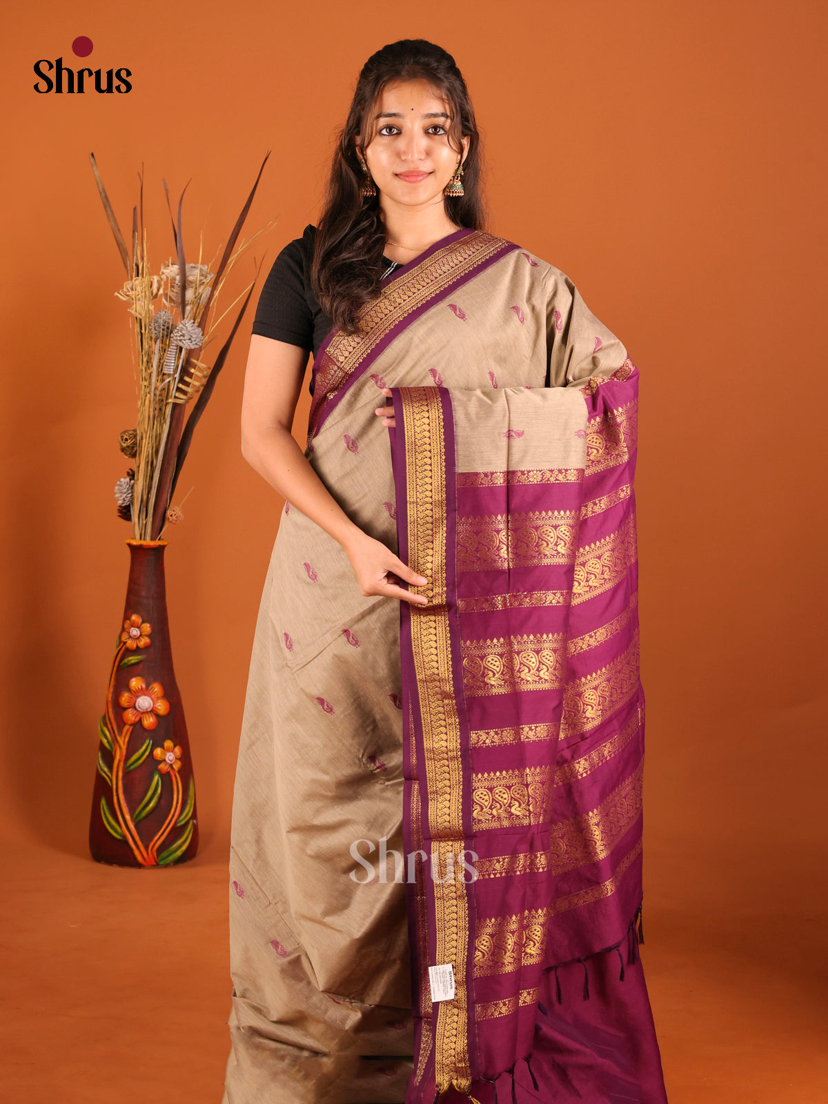 Grey & Purple- Kalyani Cotton Saree - Shop on Shrus.com