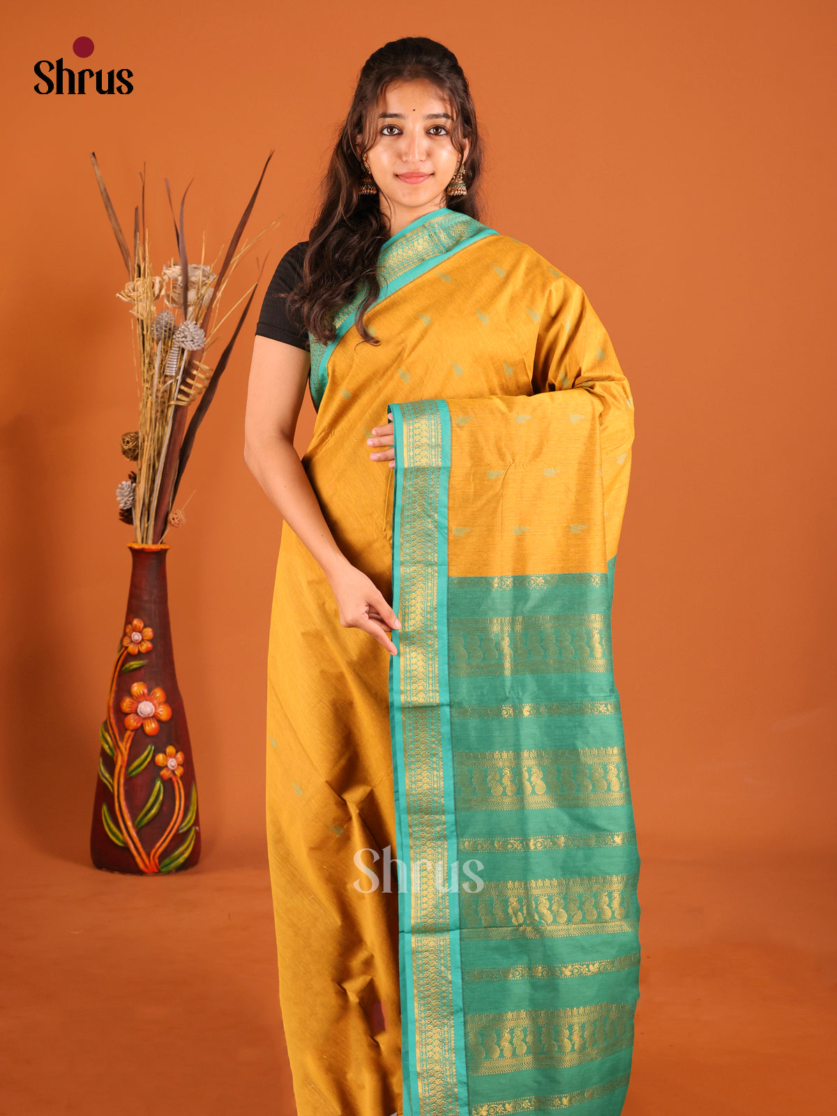 Mustard & Green - Kalyani Cotton Saree - Shop on Shrus.com
