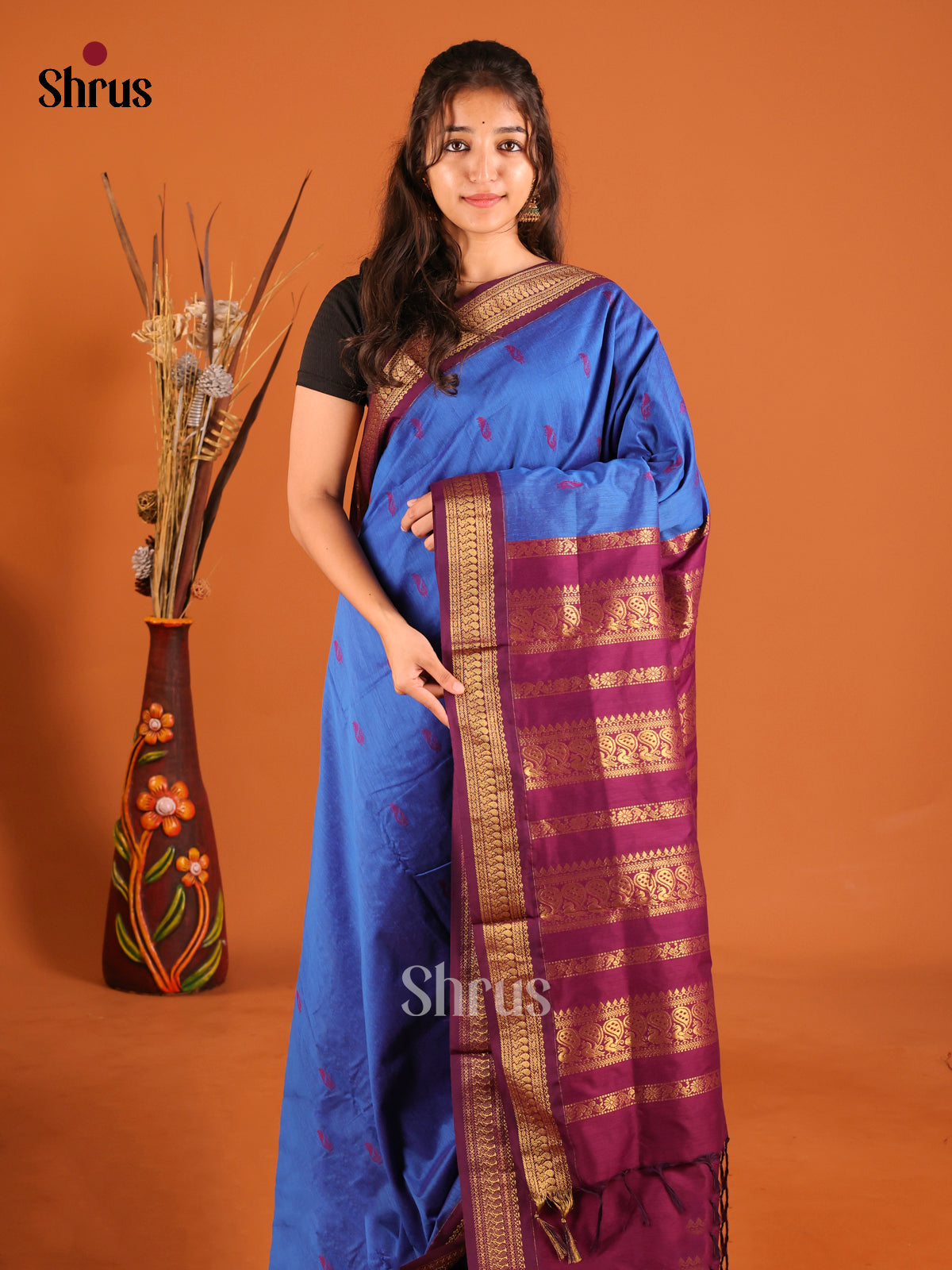 Blue & Maroon- Kalyani Cotton Saree