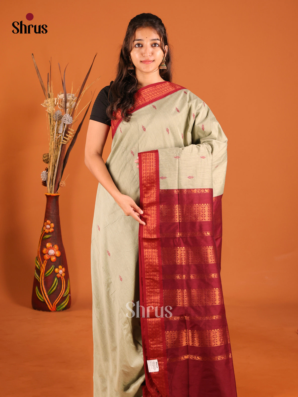 Grey & Maroon - Kalyani Cotton Saree - Shop on Shrus.com
