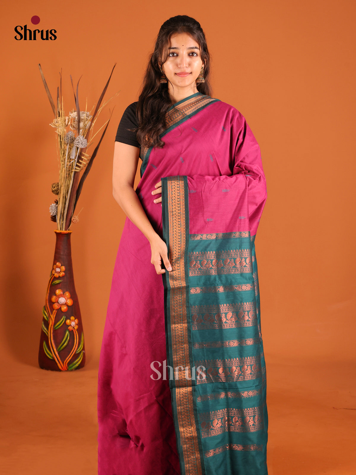 Pink & Green - Kalyani Cotton Saree - Shop on Shrus.com