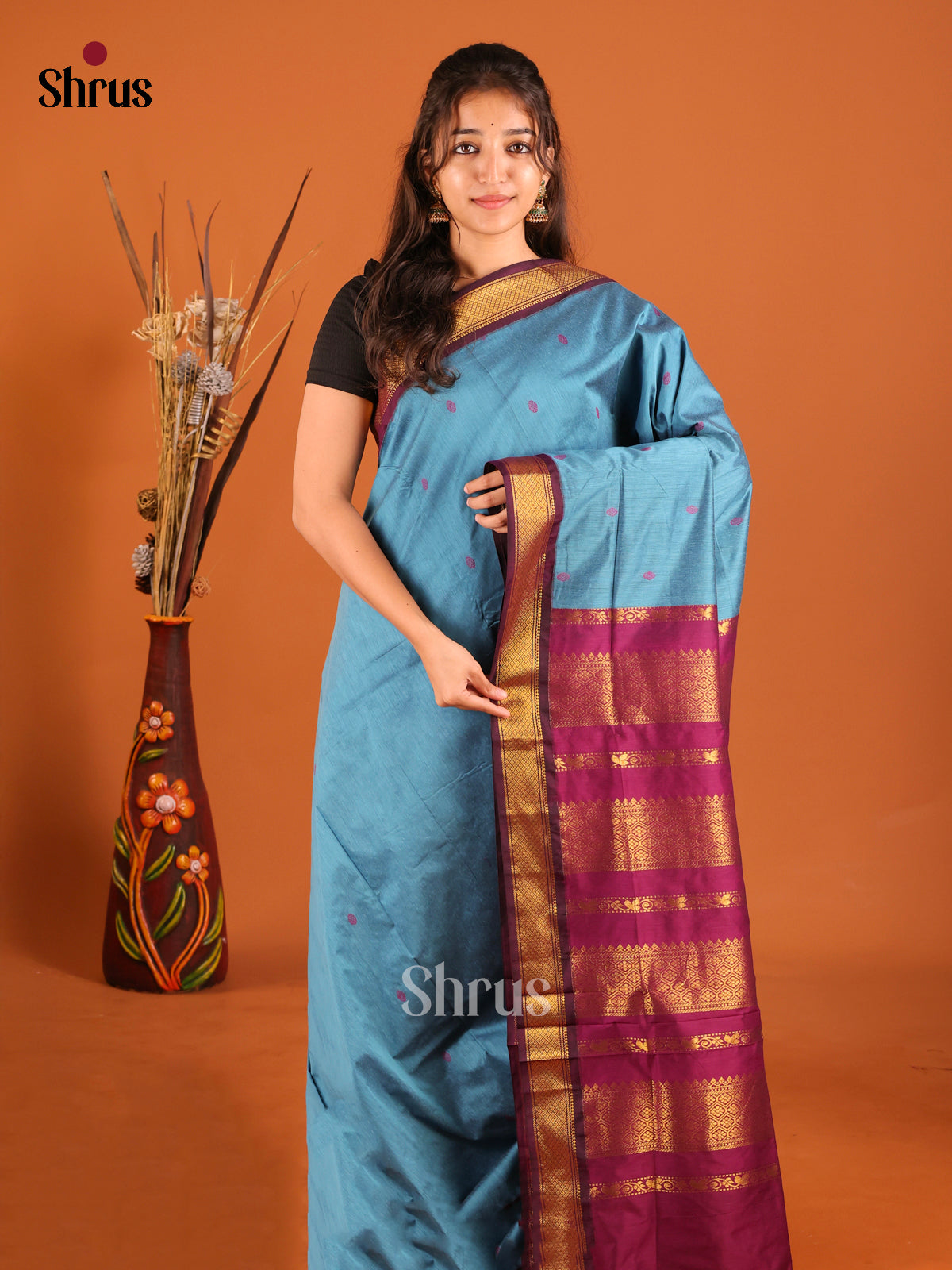 Blue & Maroon - Kalyani Cotton Saree