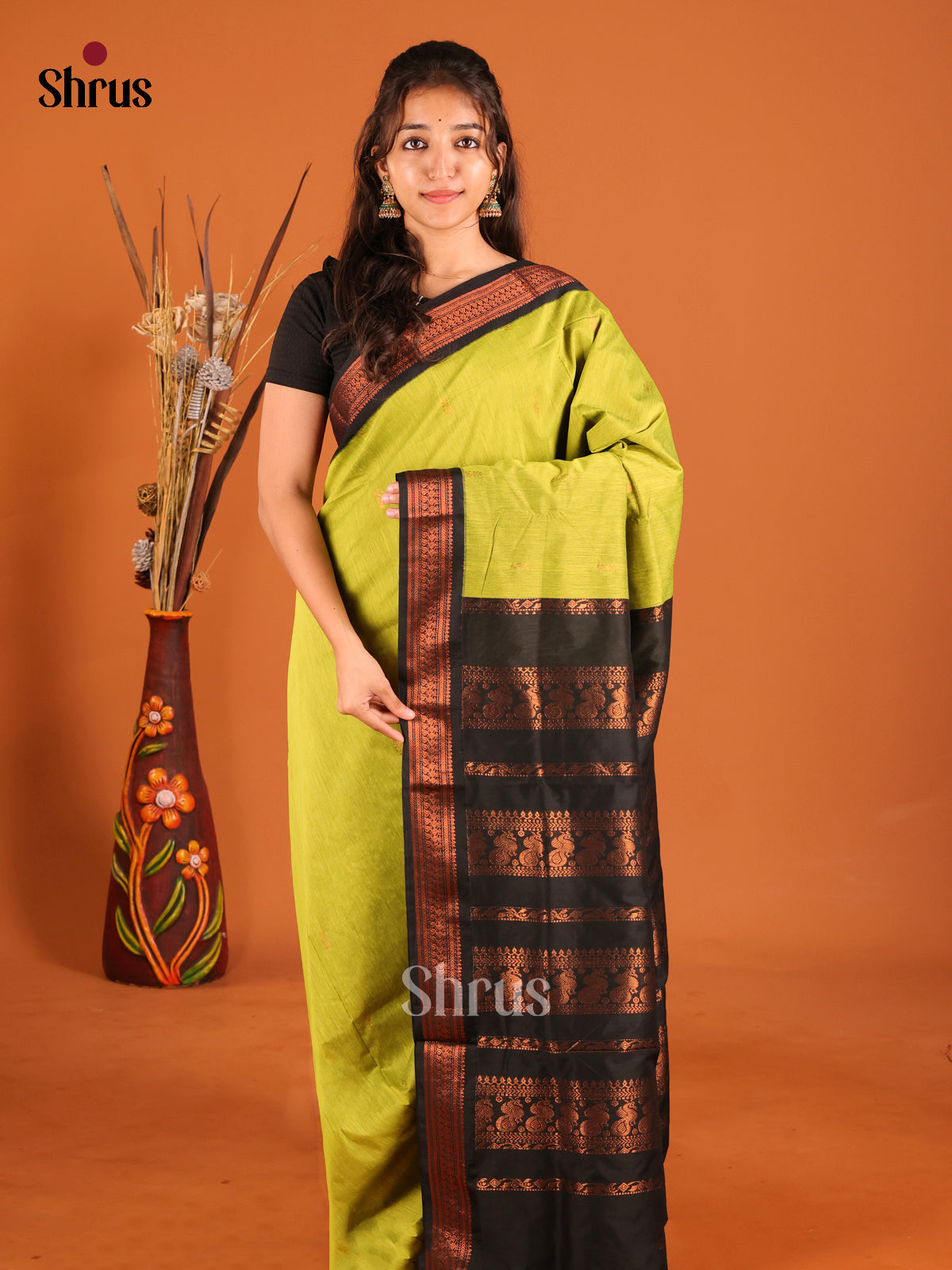 Light Green & Black- Kalyani Cotton Saree - Shop on Shrus.com