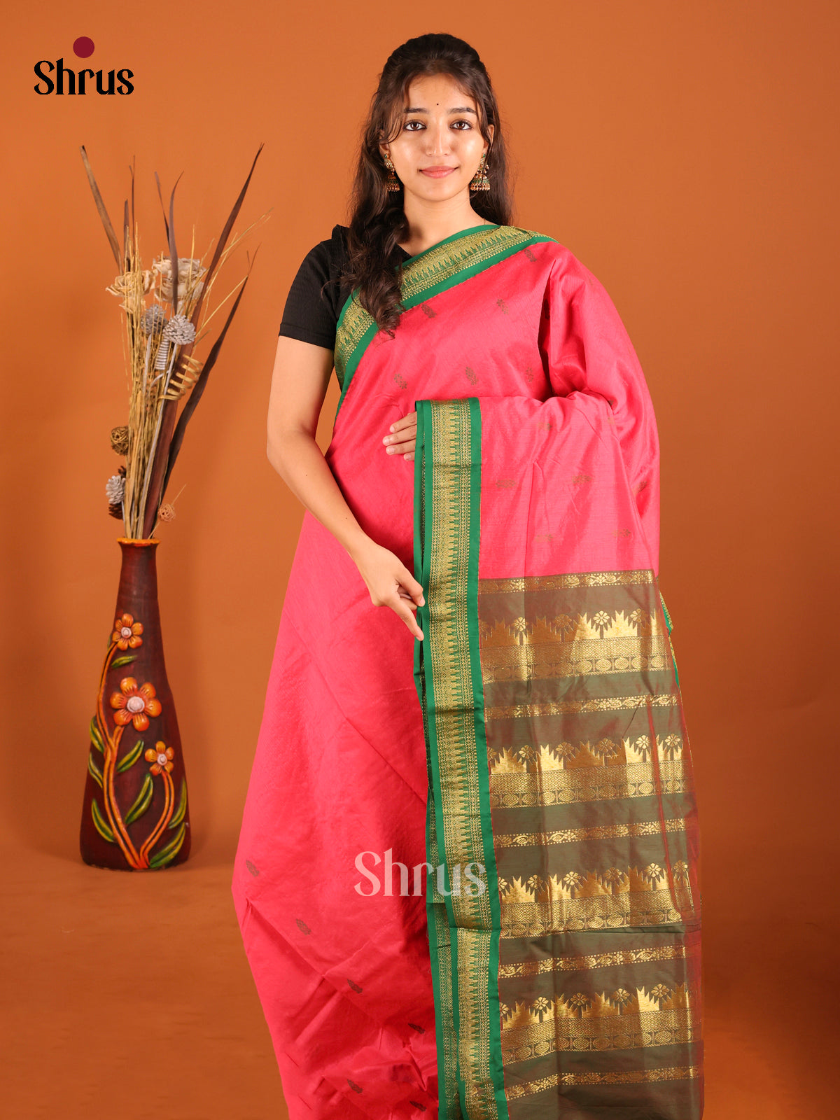 Pink & Green - Kalyani Cotton Saree - Shop on Shrus.com