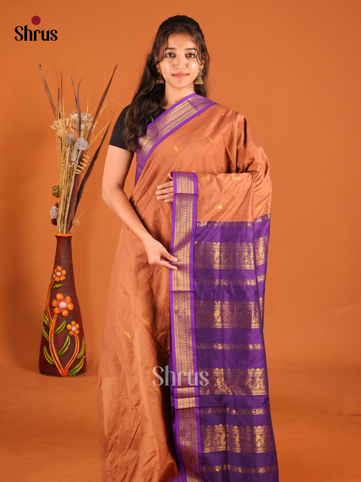 Brown & Violet - Kalyani Cotton Saree