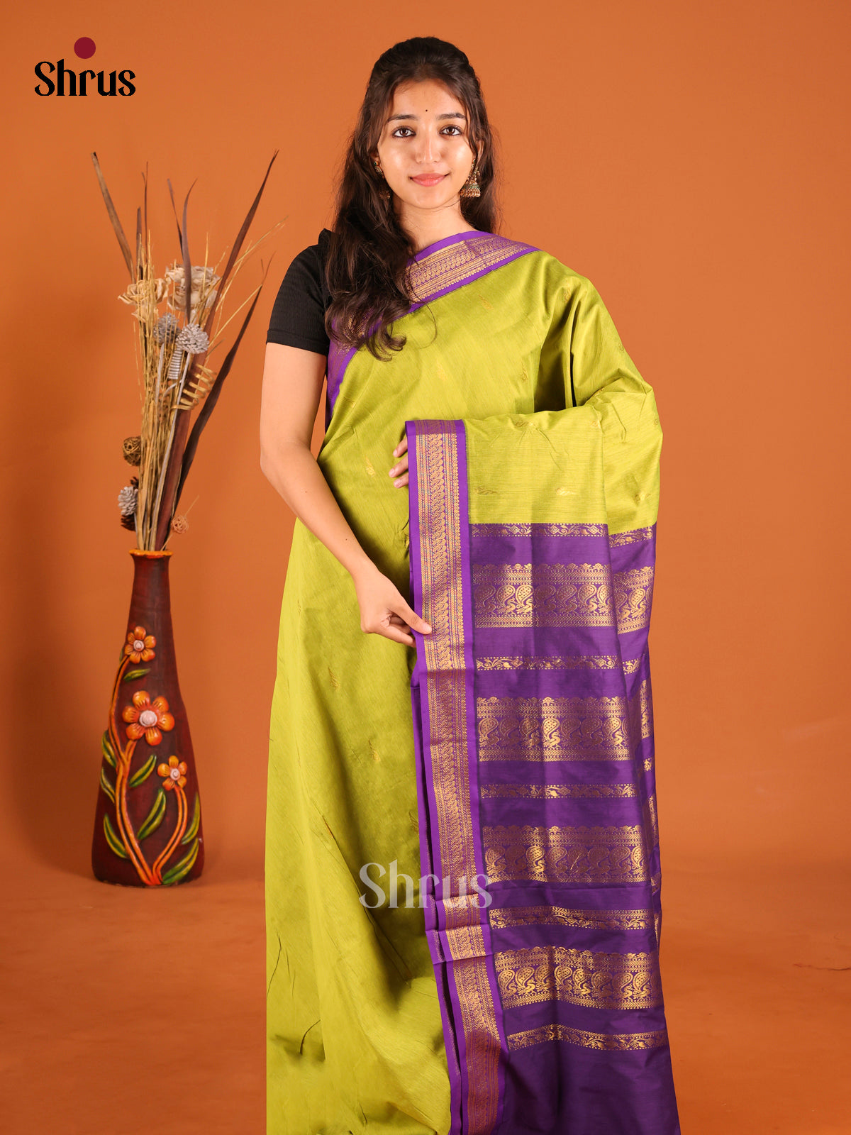 Light Green & Violet - Kalyani Cotton Saree - Shop on Shrus.com