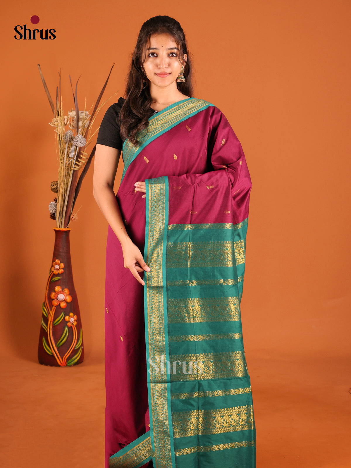 Maroon & Green - Kalyani Cotton Saree - Shop on Shrus.com