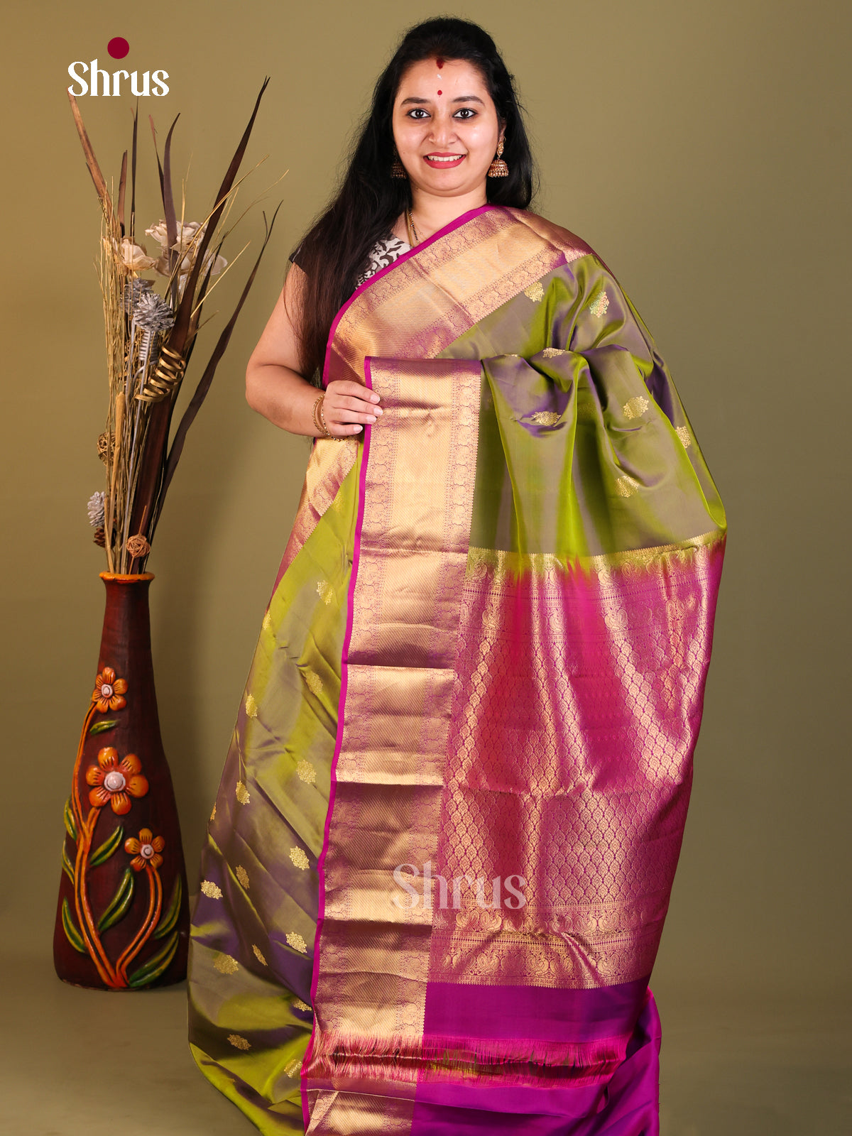 Double Shaded Green & Majenta - Kanchipuram-halfpure Saree - Shop on Shrus.com
