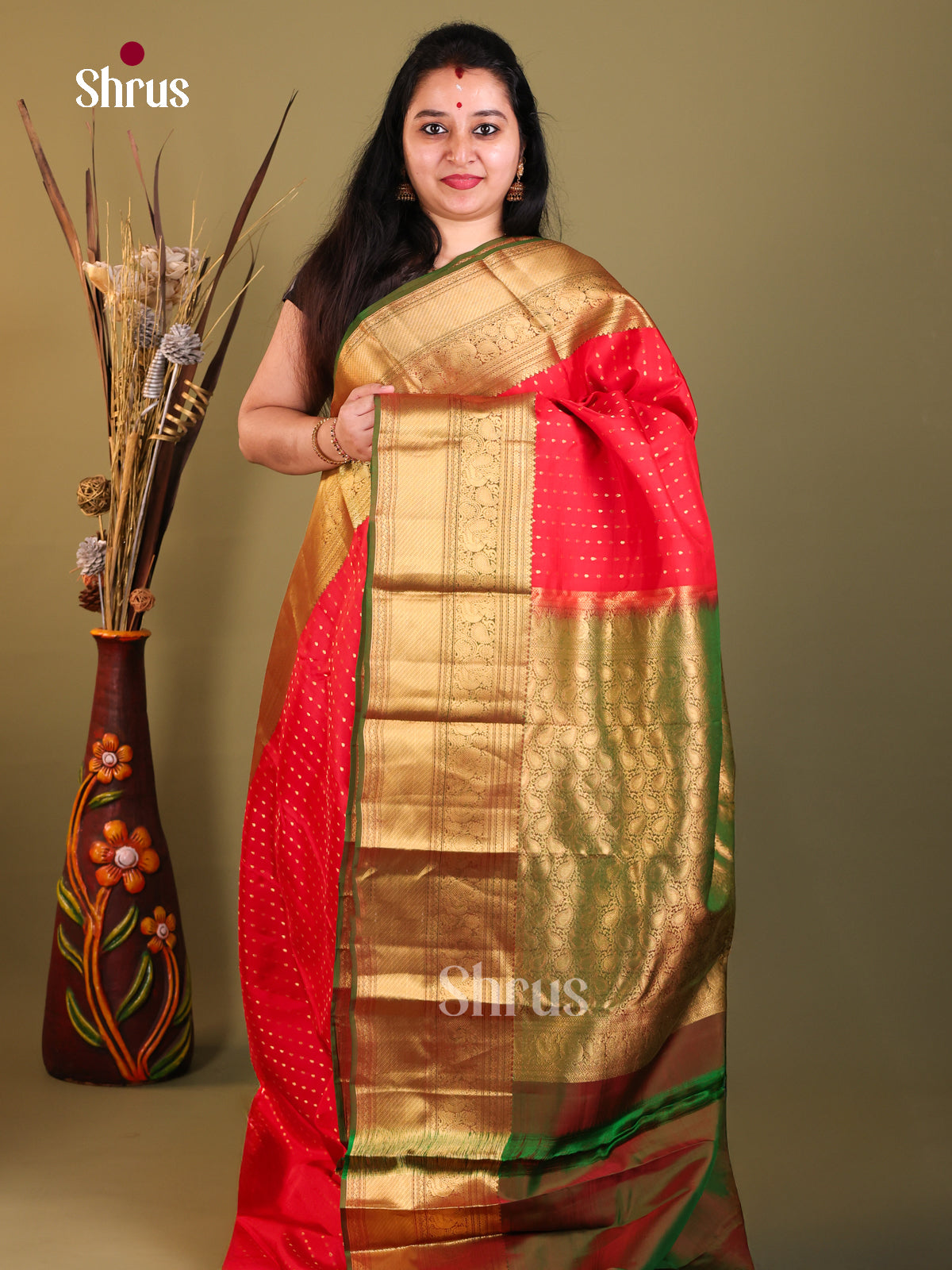 Red & Green - Kanchipuram-halfpure Saree - Shop on Shrus.com