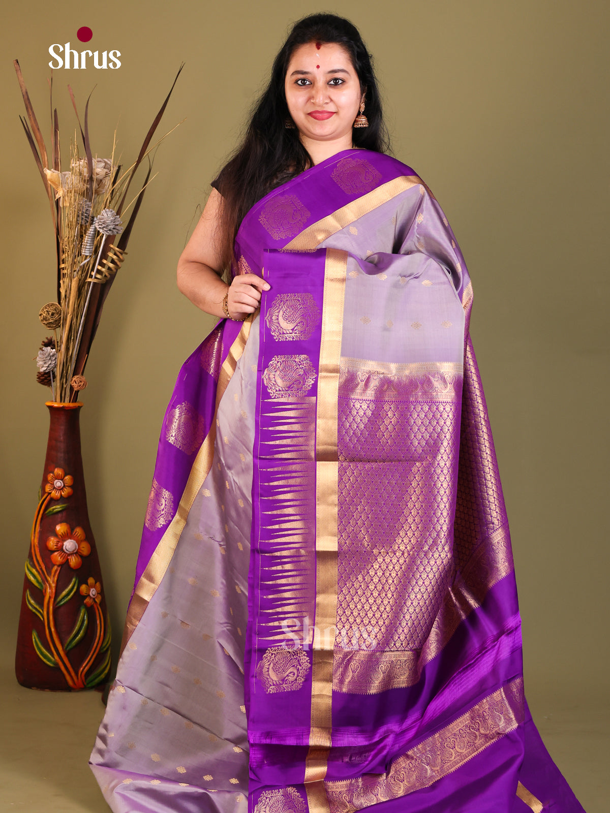 Lavender & Purple - Kanchipuram-halfpure Saree - Shop on Shrus.com