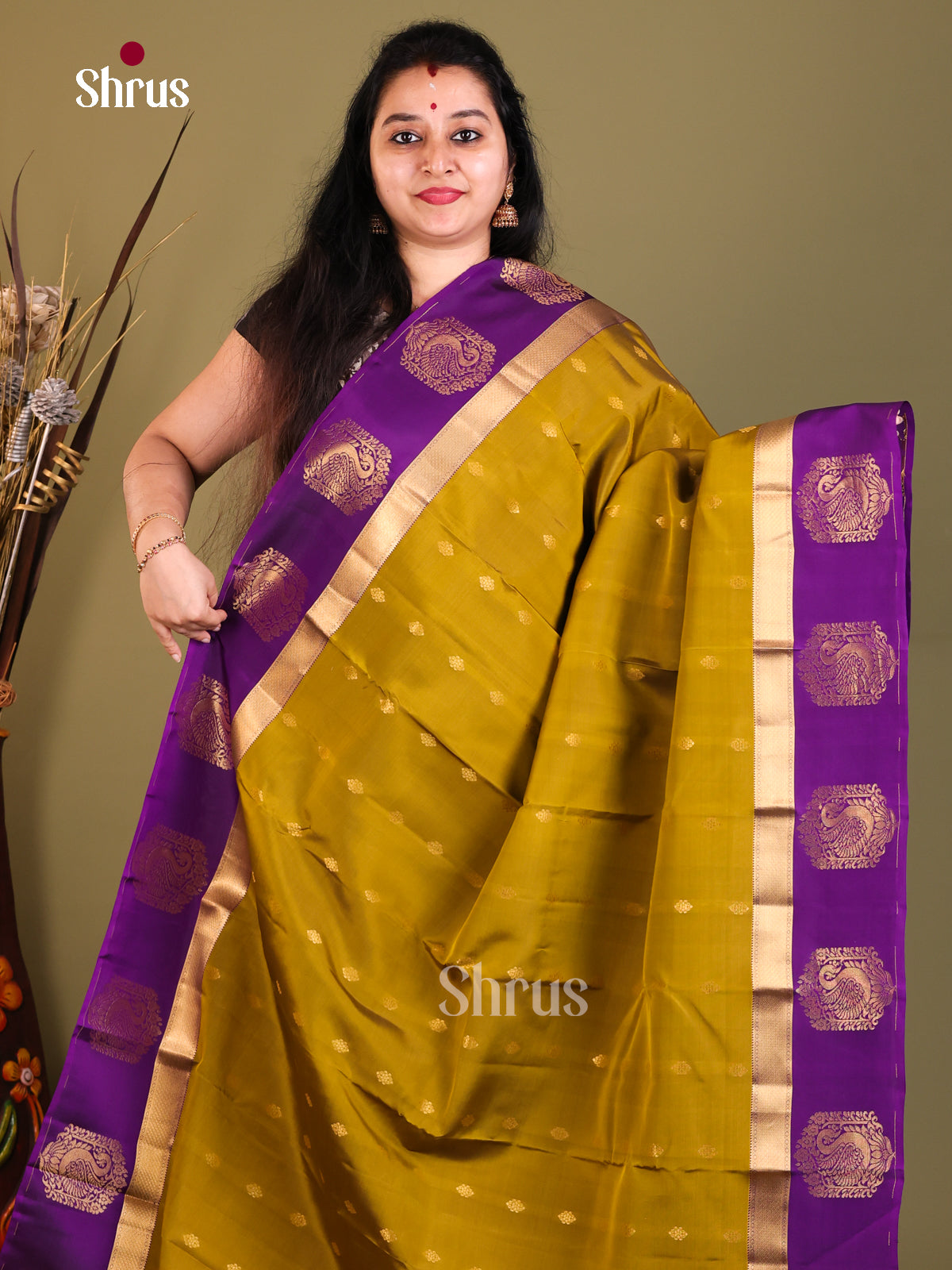 Mehandi & Purple- Kanchipuram-halfpure Saree - Shop on Shrus.com