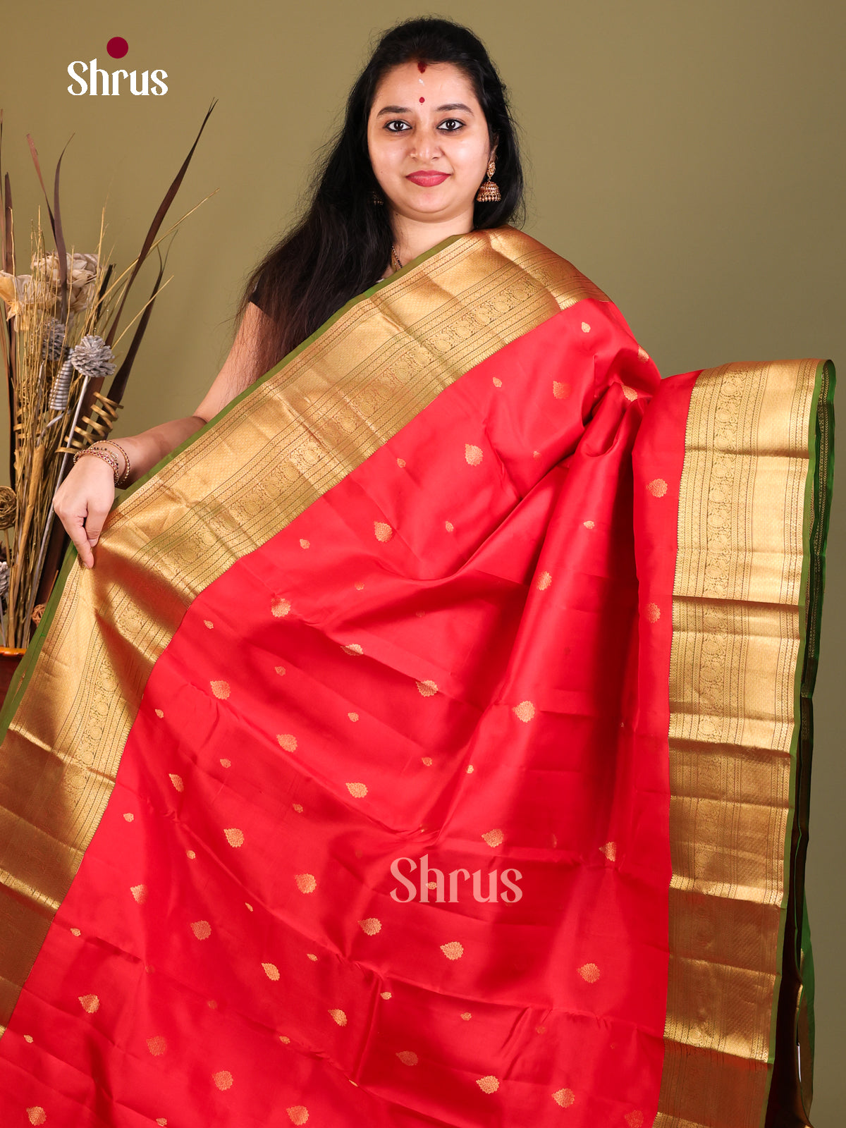 Red & Green - Kanchipuram-halfpure Saree 1