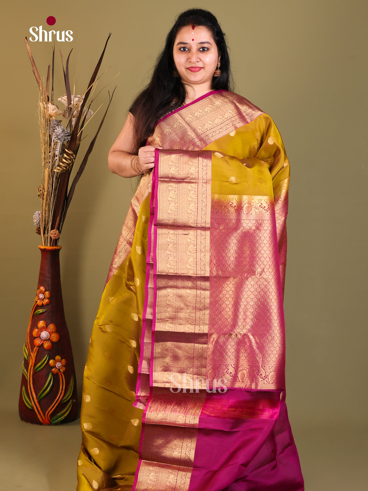 Mehandi & Purple - Kanchipuram-halfpure Saree - Shop on Shrus.com