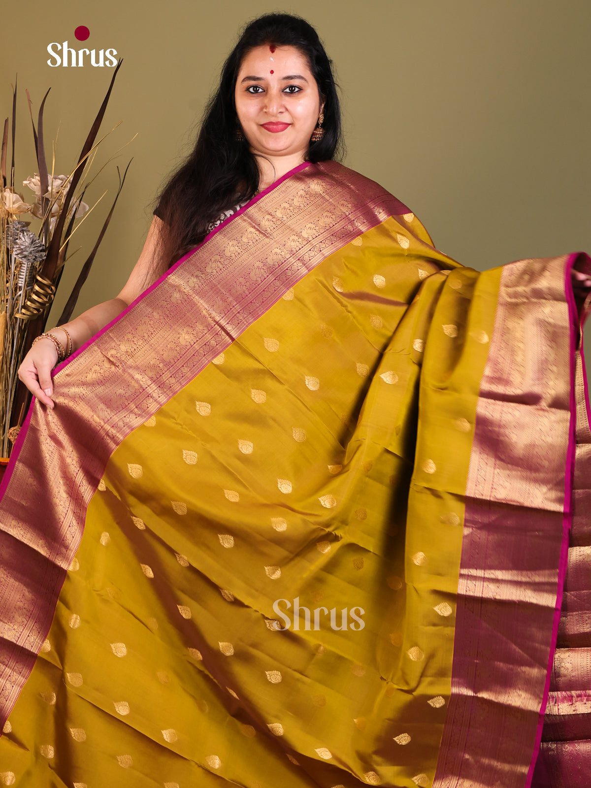 Mehandi & Purple - Kanchipuram-halfpure Saree - Shop on Shrus.com