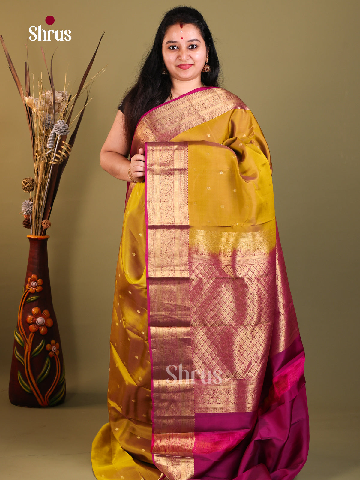 Mehandi & Purple - Kanchipuram-halfpure Saree - Shop on Shrus.com