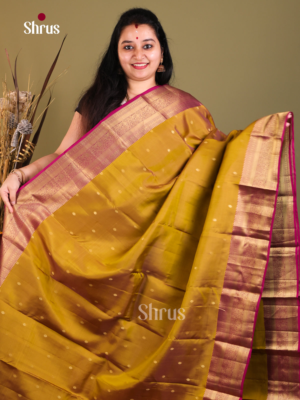Mehandi & Purple - Kanchipuram-halfpure Saree - Shop on Shrus.com