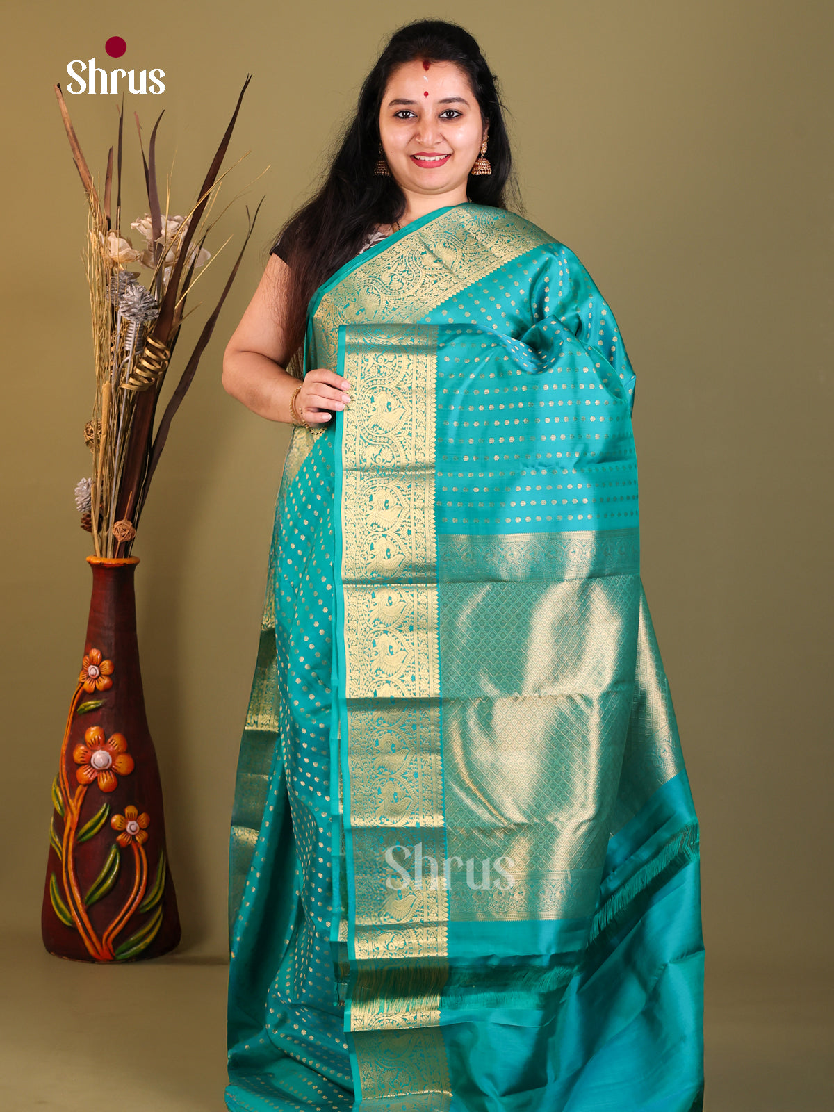 Teal Blue(single Tone) - Kanchipuram-halfpure Saree
