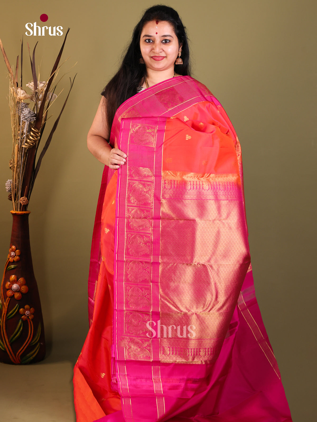 Orange & Pink - Kanchipuram-halfpure Saree - Shop on Shrus.com
