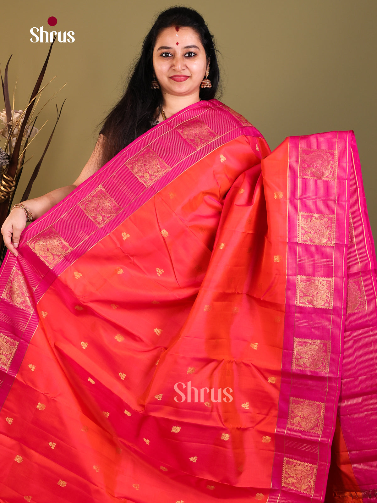 Orange & Pink - Kanchipuram-halfpure Saree - Shop on Shrus.com