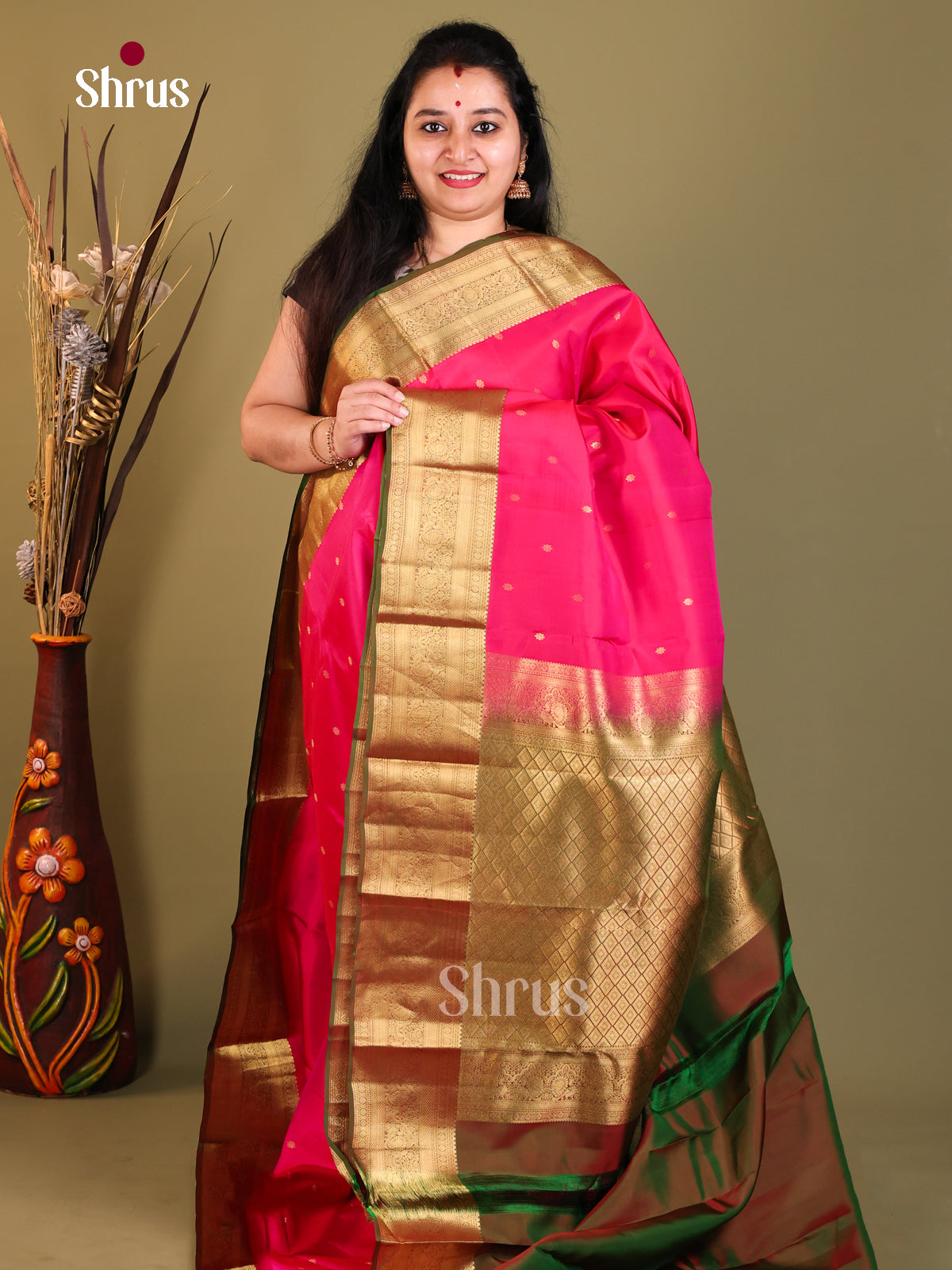 Pink & Green - Kanchipuram-halfpure Saree - Shop on Shrus.com