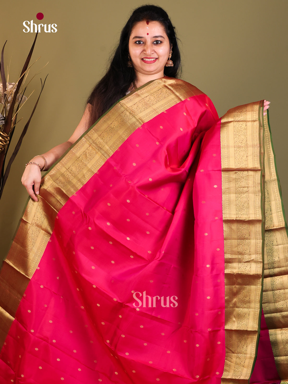 Pink & Green - Kanchipuram-halfpure Saree - Shop on Shrus.com