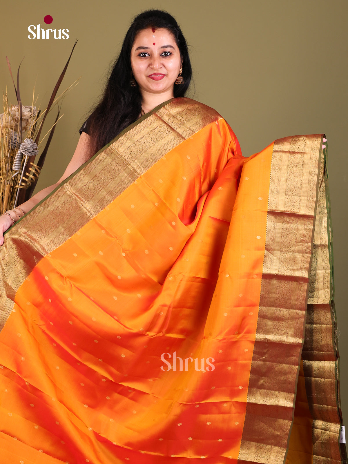 Orange & Green - Kanchipuram-halfpure Saree - Shop on Shrus.com